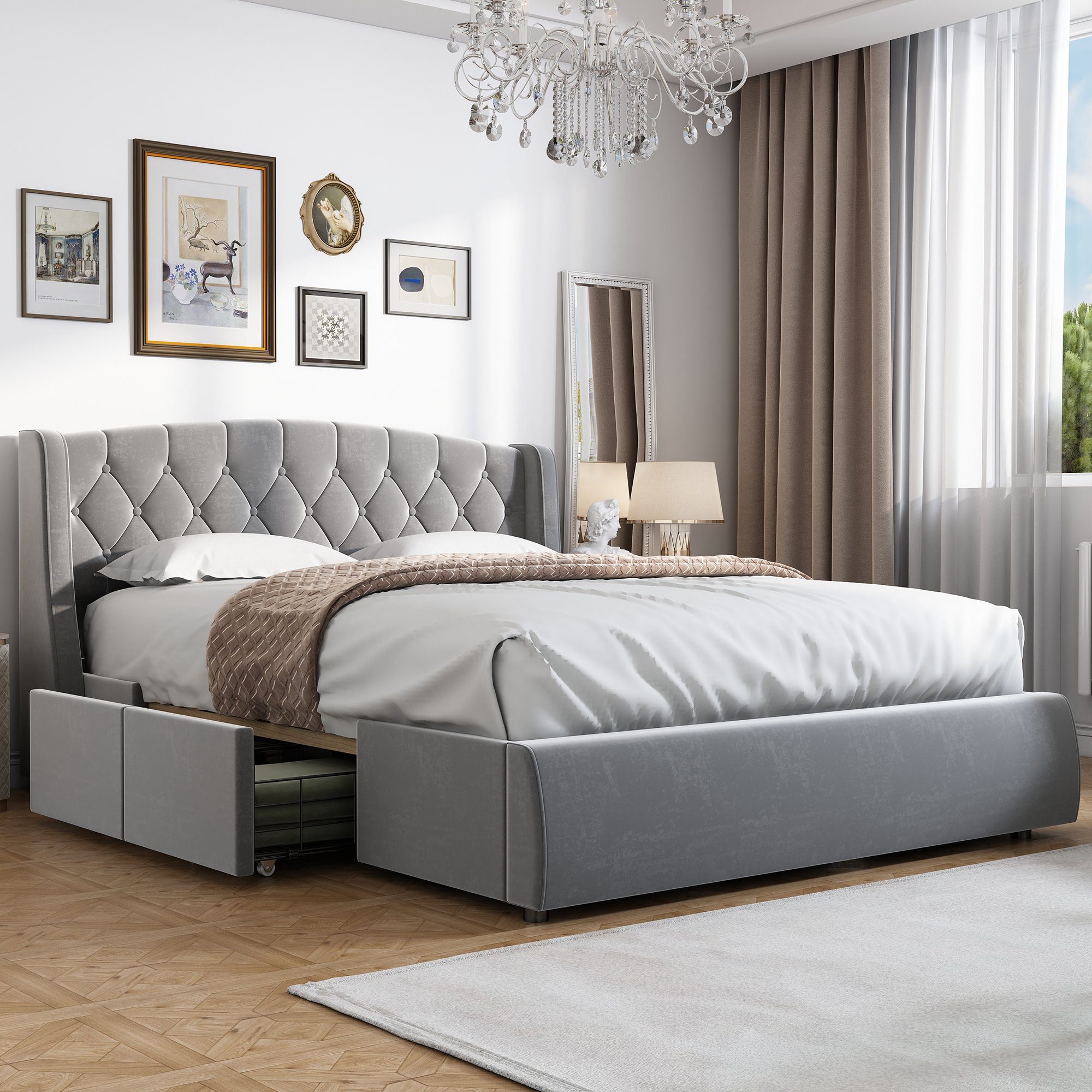 Polsterbett (Polsterbett, 140 x 200 cm Doppelbett mit Lattenrost und 4 Schubladen), Holzbett inkl. Kopfteil mit Rautensteppung, Bezug aus Samtstoff