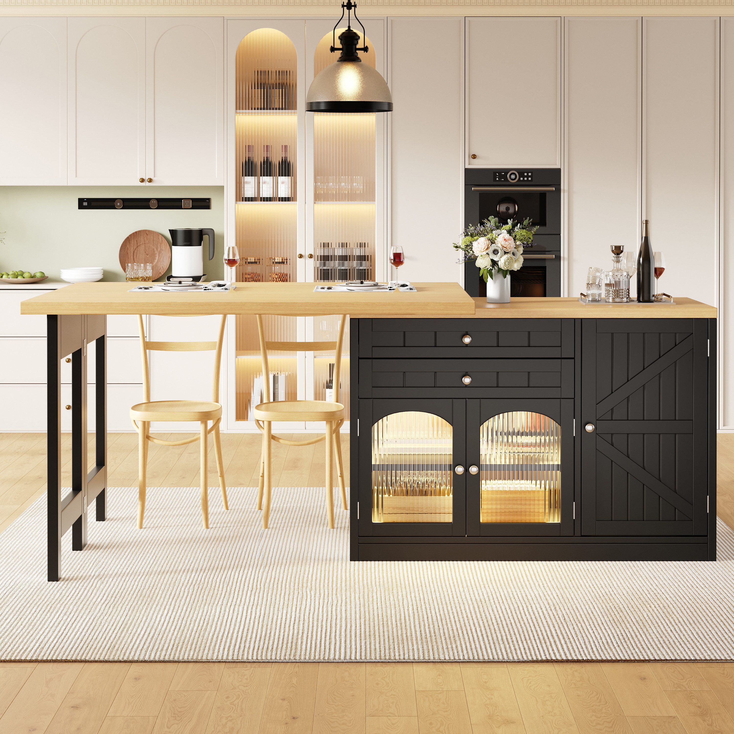 Flieks Kücheninsel Küchenschrank mit 360° drehbarer Esstisch, klappbarer Arbeitsplatte, (Holzoptik Tischplatte Tiefe 40-80cm, Längenverstellbar 120-194cm), ausziehbar Arbeitstisch&Mehrzweckschrank mit LED-Beleuchtung Schwarz