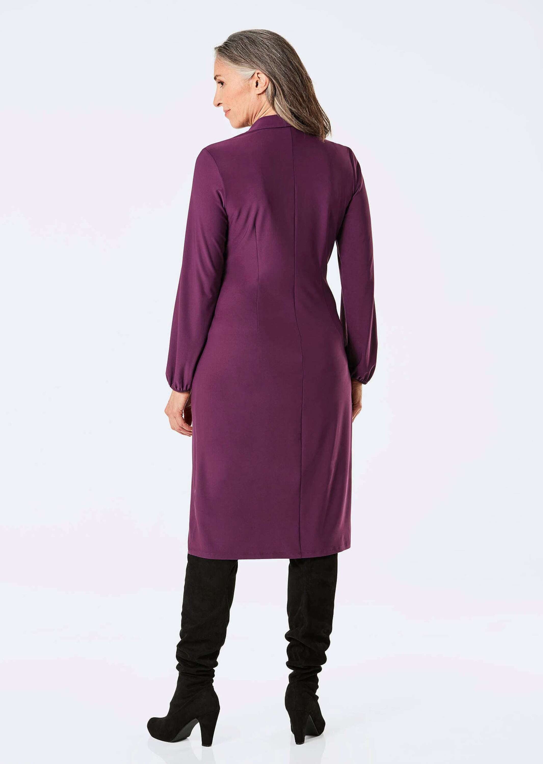 GOLDNER Jerseykleid Kurzgröße: Elegantes Jerseykleid mit V-Ausschnitt Stretchkleid mit Hemdkragen, Ballonärmel, Gummibündchen und Langarm