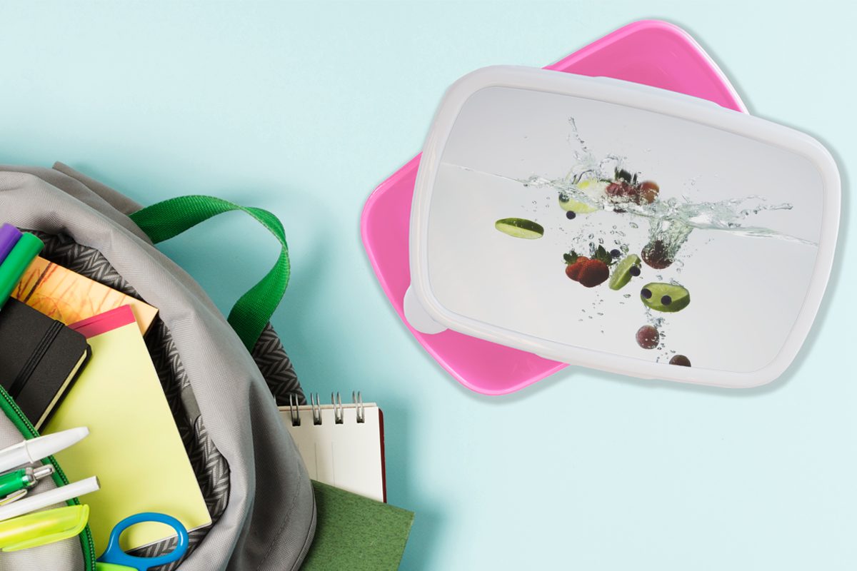 MuchoWow Lunchbox für Kunststoff, Wasser Obst Limette, Brotdose - rosa Erwachsene, Mädchen, Kinder, Kunststoff - (2-tlg), Brotbox Snackbox