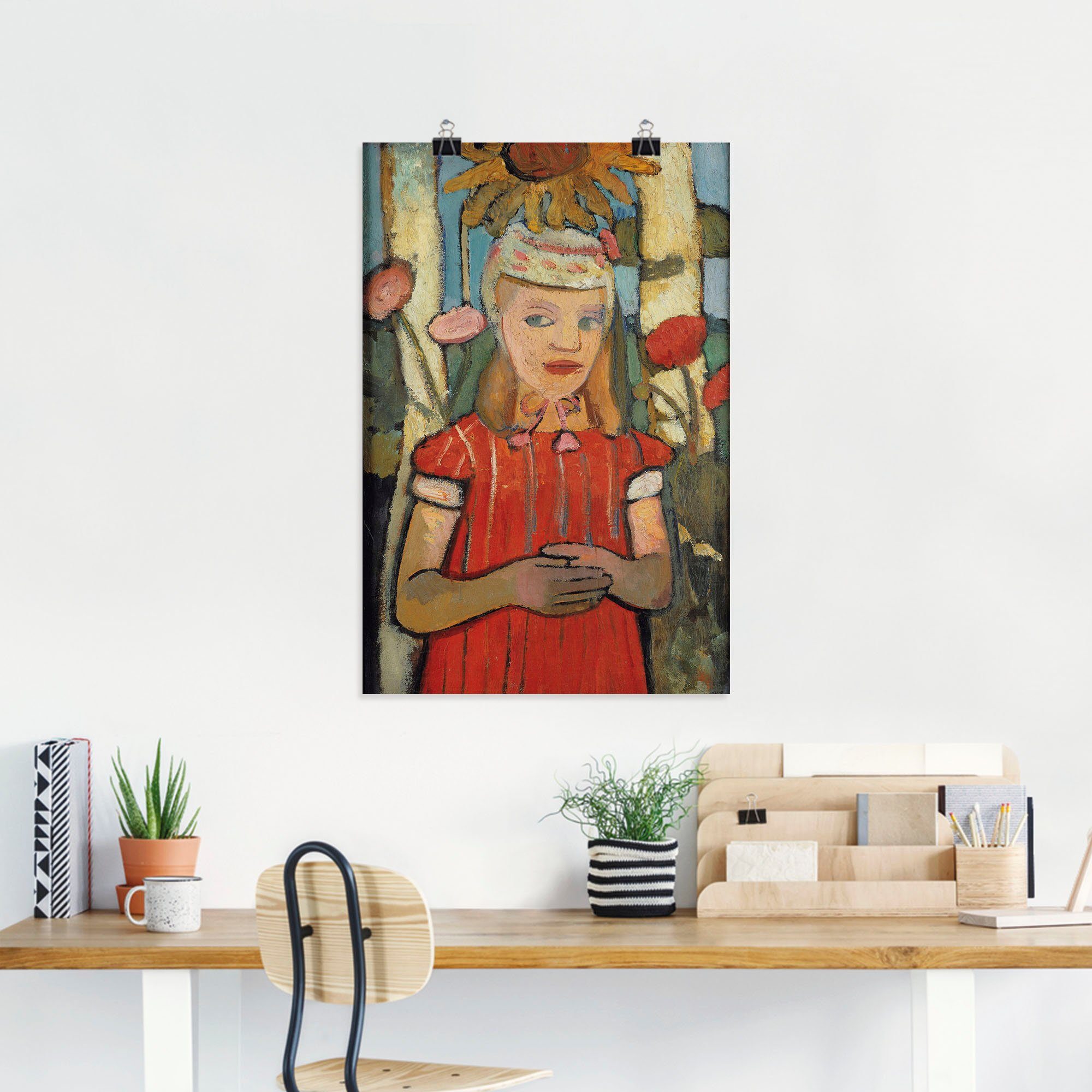 Sonnenblume., Leinwandbild, in Mädchen (1 rotem Bilder Poster Artland oder vor in als versch. Kleid Wandaufkleber von Alubild, Kindern Wandbild Größen St),