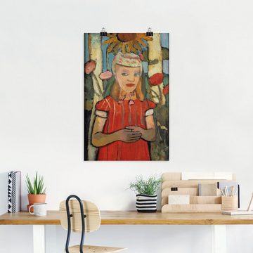 Artland Kunstdruck Mädchen in rotem Kleid vor Sonnenblume., Bilder von Kindern (1 St), als Alubild, Leinwandbild, Wandaufkleber oder Poster in versch. Größen