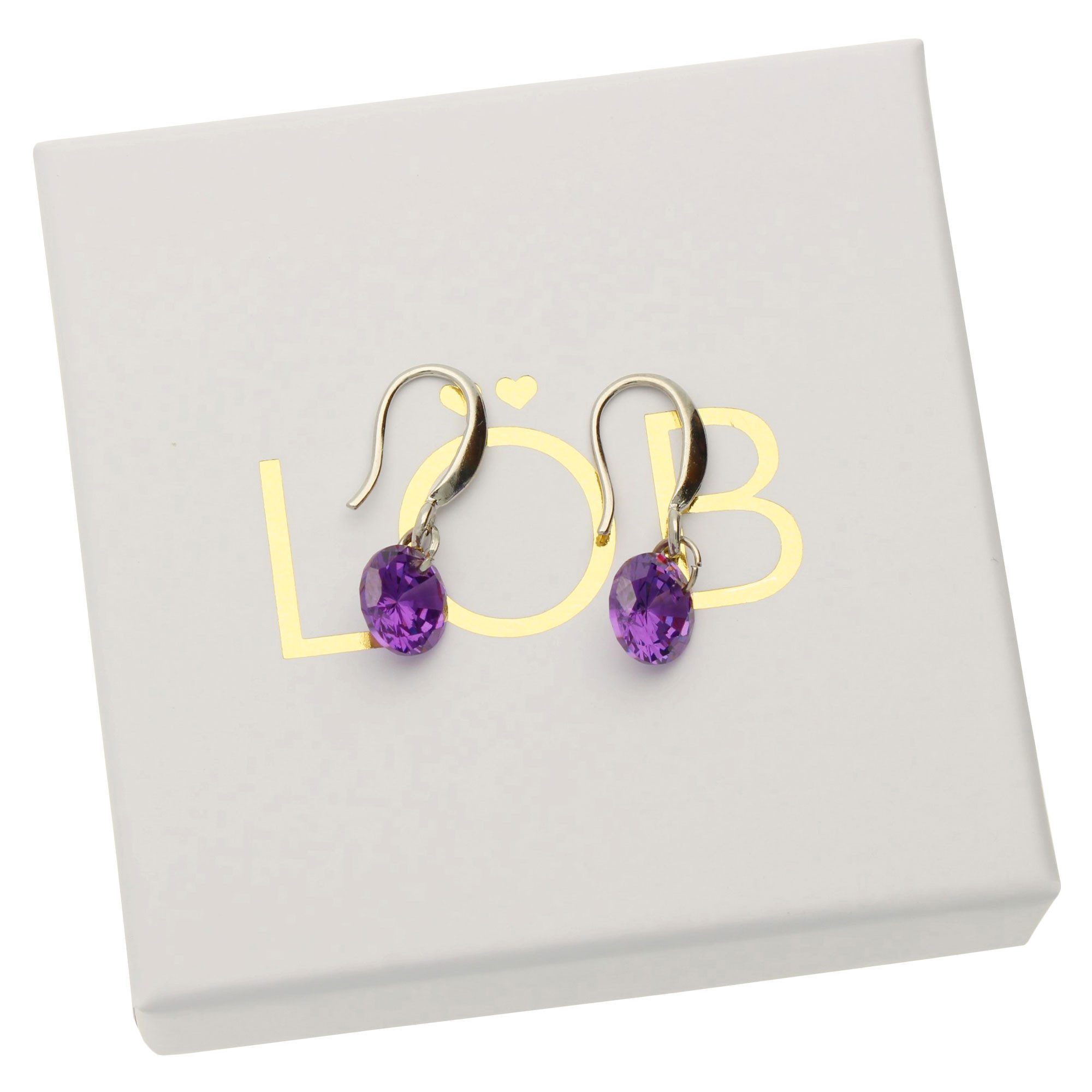LÖB Paar Ohrhänger Damen Ohrringe Hängend mit Zirkonia Solitär Stein Anhänger Silber Lila (Geschenke für Frauen Damen Beste Freundin Mutter Mama Ehefrau Oma sie zum Geburtstag Schmuck Sommer, Inkl. Schmuckbox), Ohrhänger Steinanhänger Strass Glitzer Diamant Form Klein Klassisch