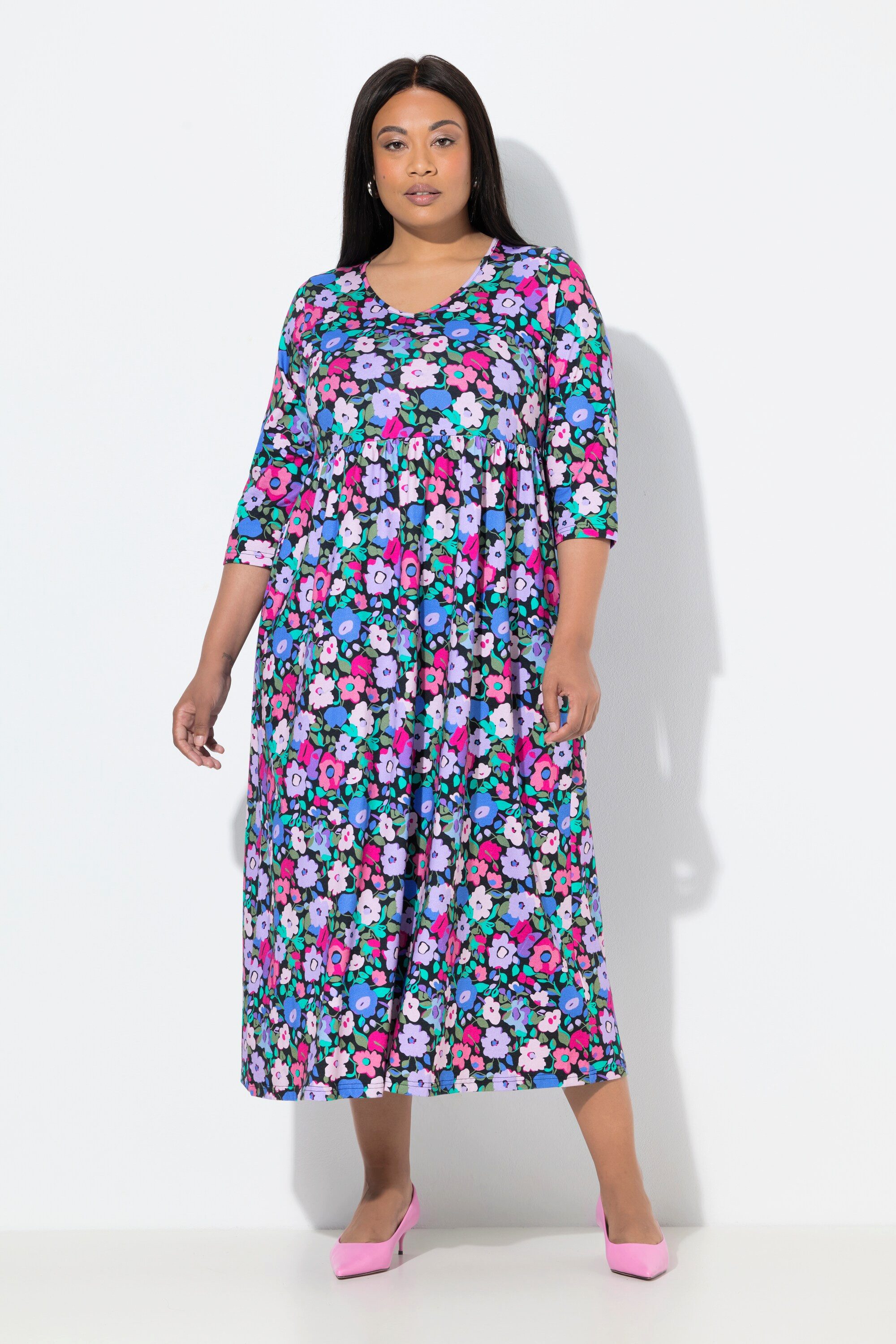 Maxikleid Jersey-Maxikleid Blüten A-Linie V-Ausschnitt