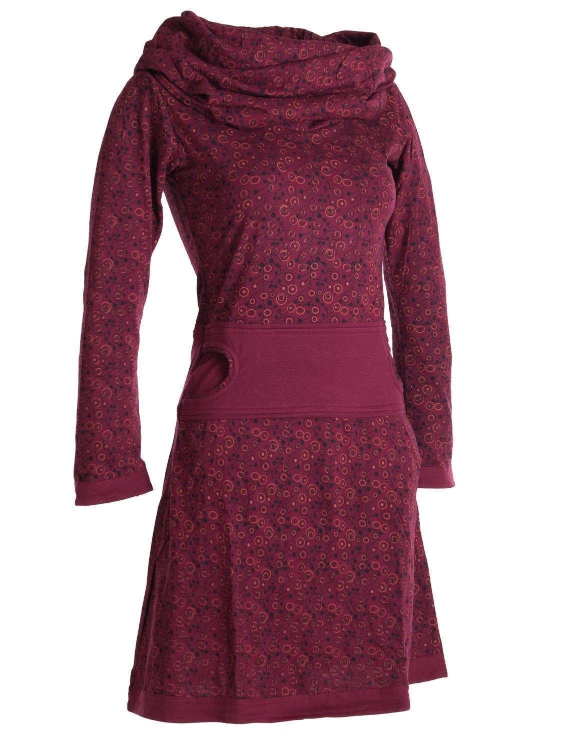 Vishes Jerseykleid Bedrucktes mit Schalkragen Style Goa, aus dunkelrot Ethno, Hippie Baumwolle Boho, Kleid