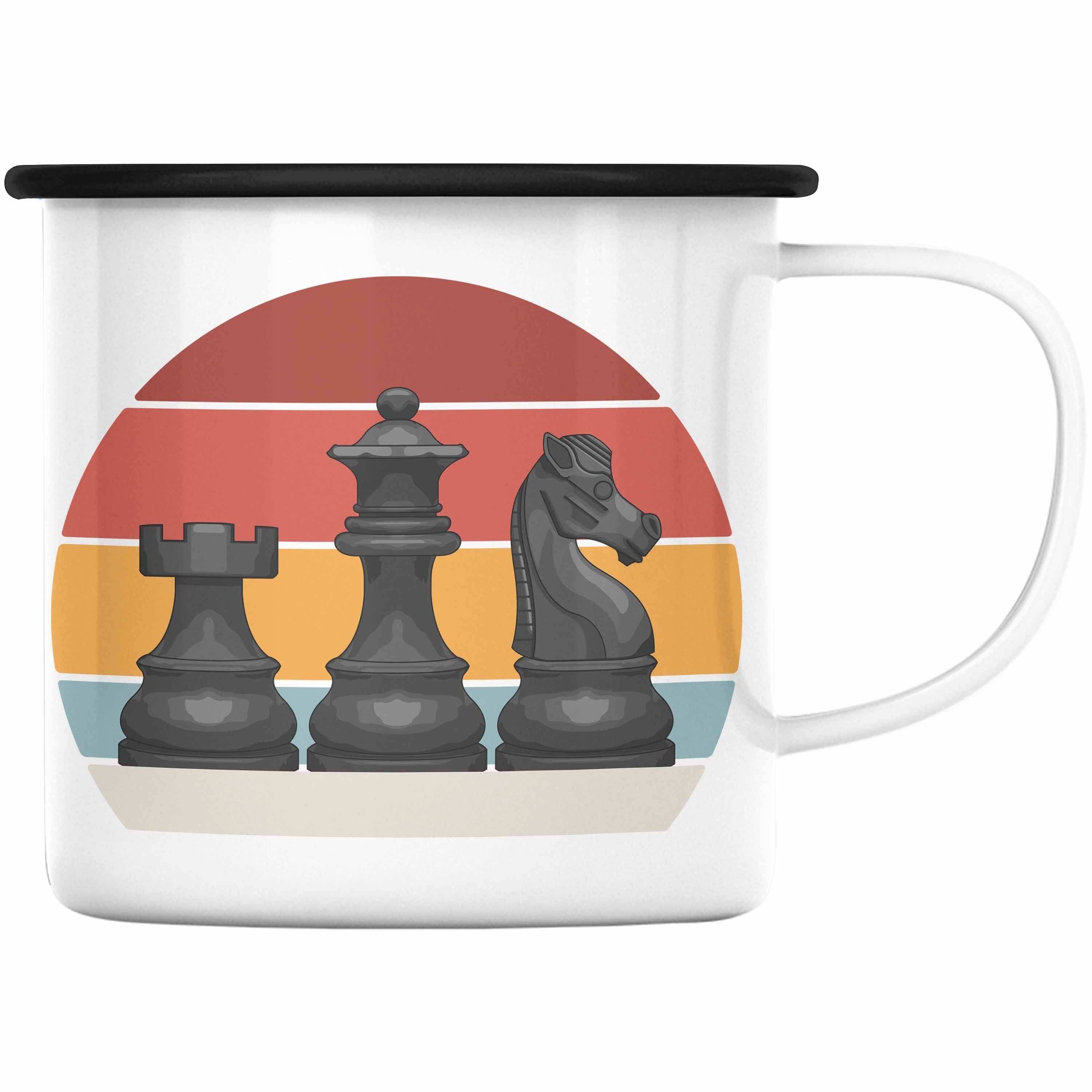 Lustig Schachfiguren KaffeeEmaille mit Thermotasse Schachspieler Emaille Tasse - Geschenk Schach Grafik Tasse Trendation Geschenkidee Trendation Schwarz