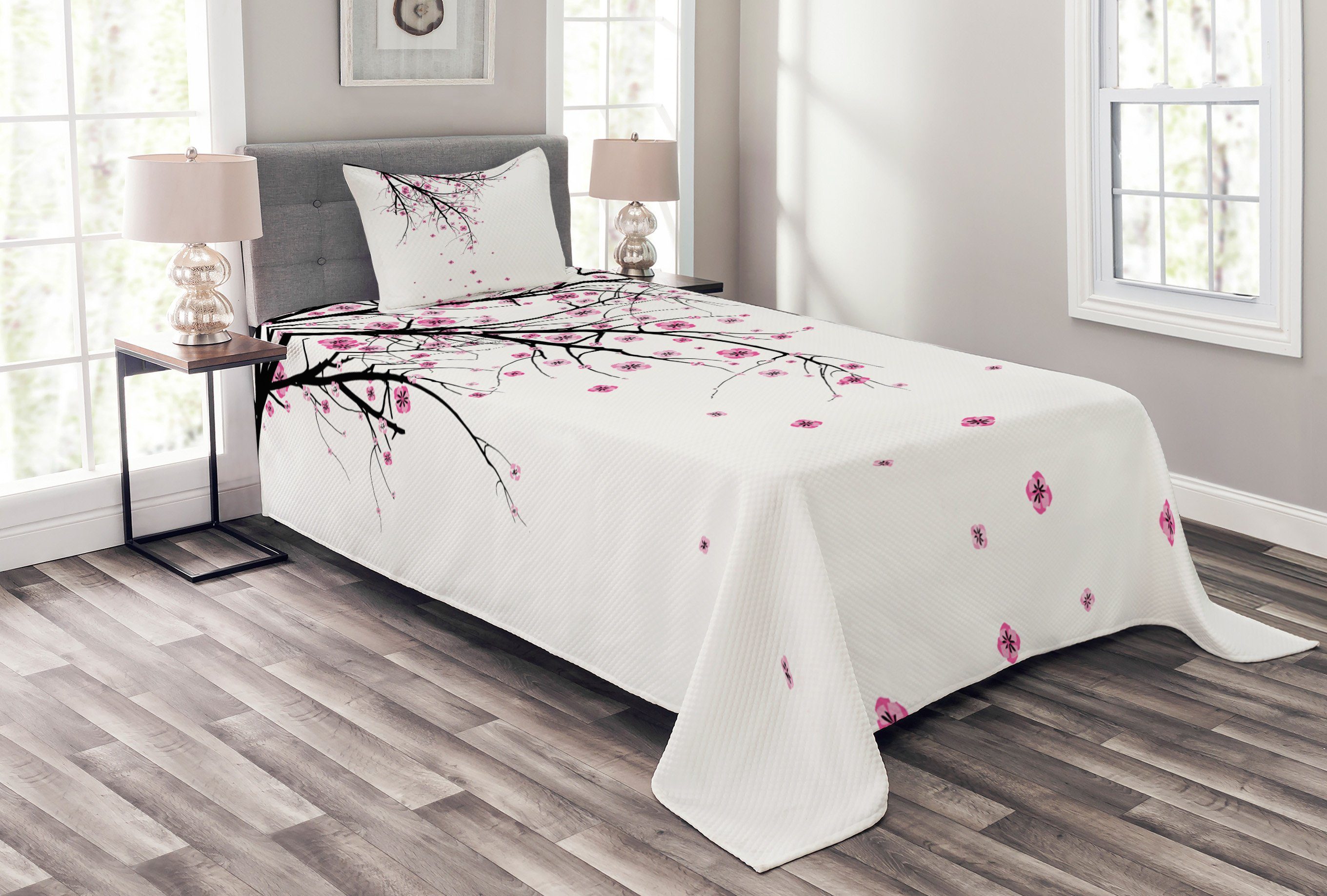 Blumen Abakuhaus, Set Tagesdecke Kirschblüten-Blume Kissenbezügen Waschbar, mit