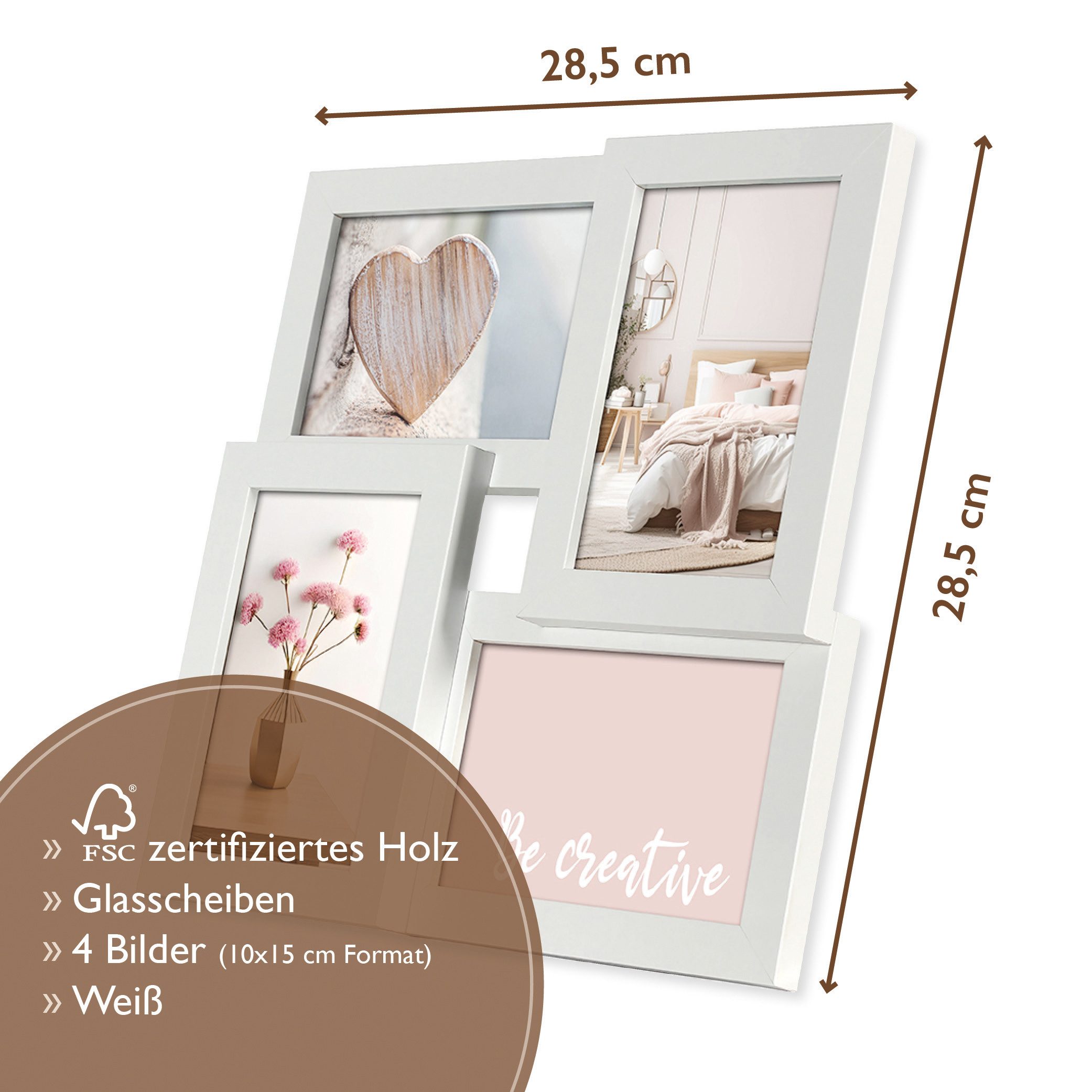 Wackadoo Living Bilderrahmen Collage Holzbilderrahmen Galerie mit Glas und FSC® Holz - 10x15 cm Formate, für 4 Bilder (In Eiche oder Weiß, Maße: in 28,5 x 28,5cm bis 58 x 58cm), Multiframe, Fotowand, Multibilderrahmen, Collage für Fotos & Bilder