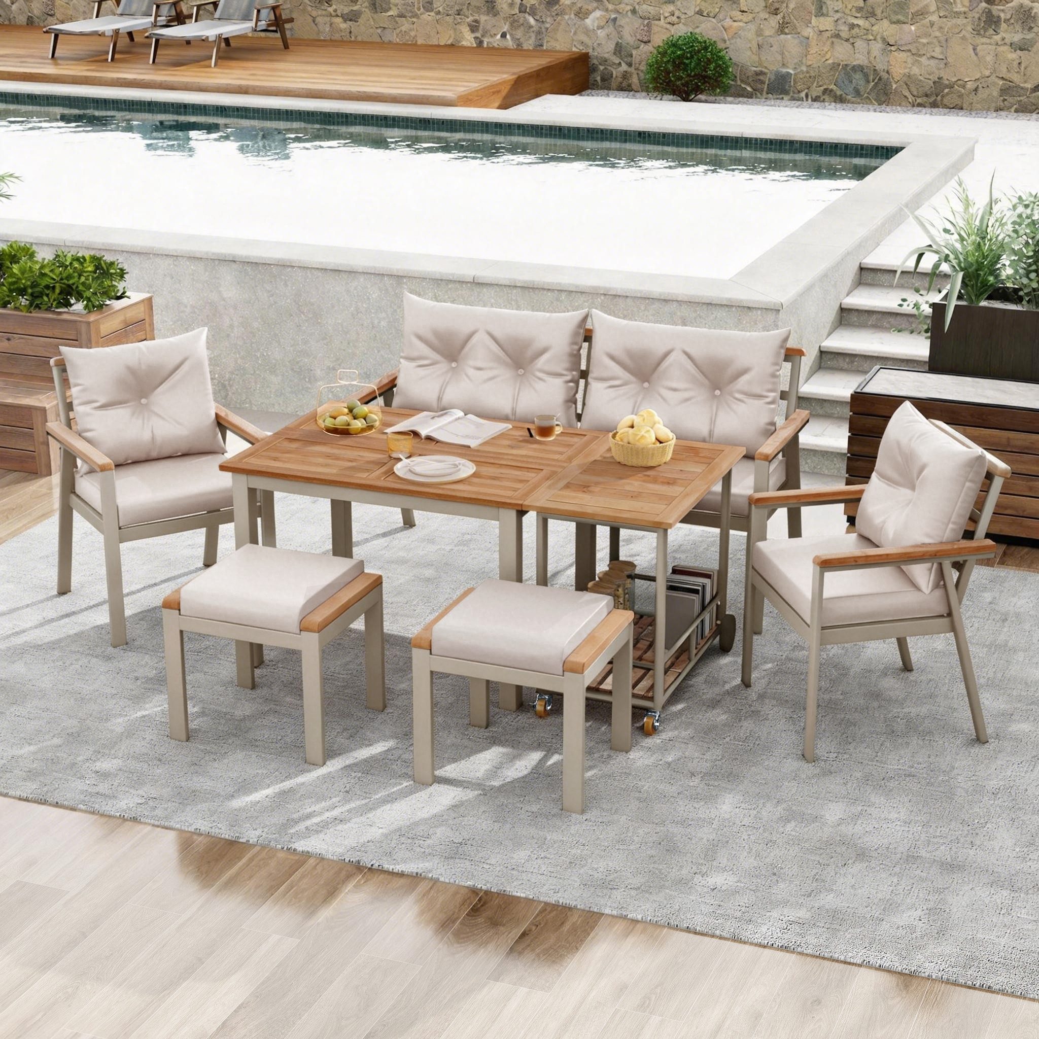 MC Star Gartenlounge-Set Esstisch- und Stuhlset aus Akazienholz, Gartenlounge-Set, (6-7-Sitzer-Garten-Esstisch- und Stuhlset mit Sesseln und abnehmbarem Esswagen, abnehmbarer und waschbarer Stoffbezug)