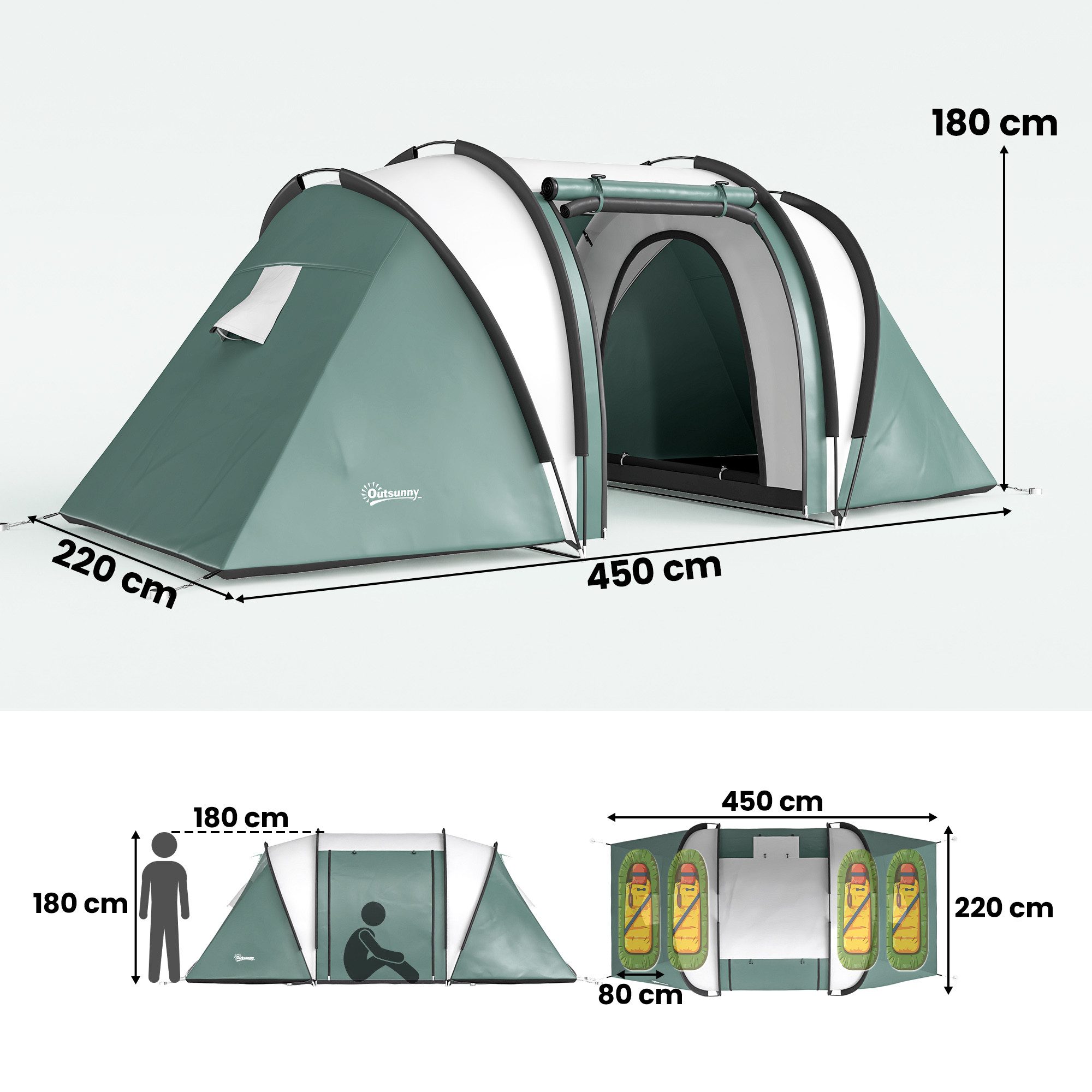 Outsunny Tunnelzelt Zelt Kuppelzelt, mit 2 Zimmer, wasserabweisend, Seitentür Fenster, Personen: 5 (Campingzelt, 1 tlg., Familienzelt), mit 3000mm Wassersäule, für Camping, Reise, Garten