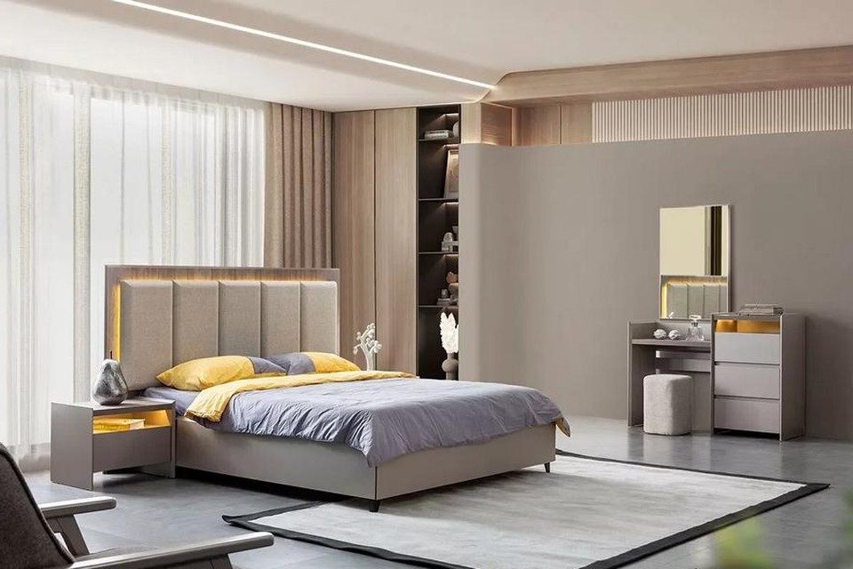 Xlmoebel Schlafzimmer-Set Graues Bett mit 2 Nachttischen und stilvollem Schminktisch, (4-tlg), Made in Europa