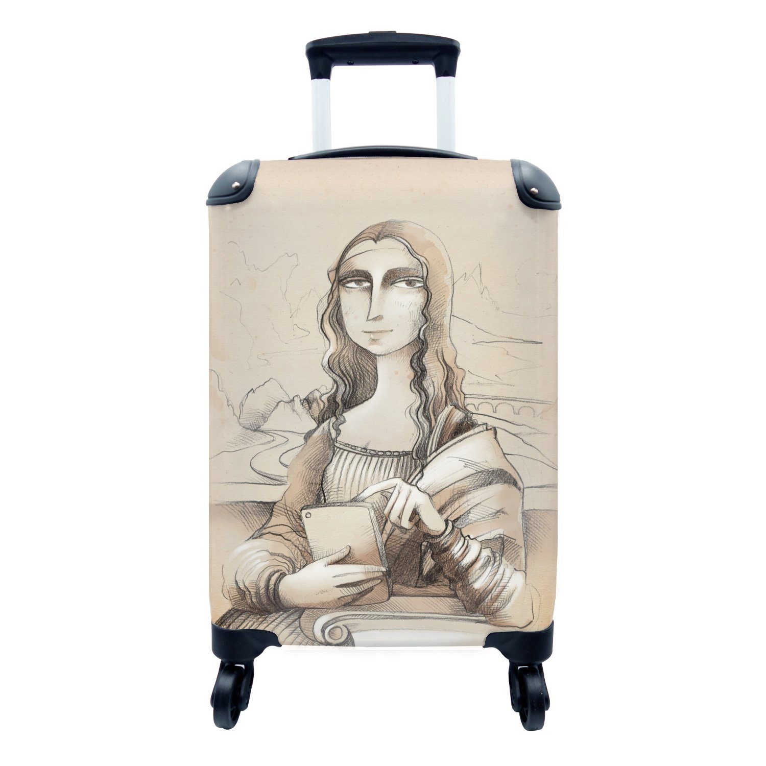 MuchoWow Handgepäckkoffer Illustration der Mona Lisa mit einem Telefon, 4 Rollen, Reisetasche mit rollen, Handgepäck für Ferien, Trolley, Reisekoffer