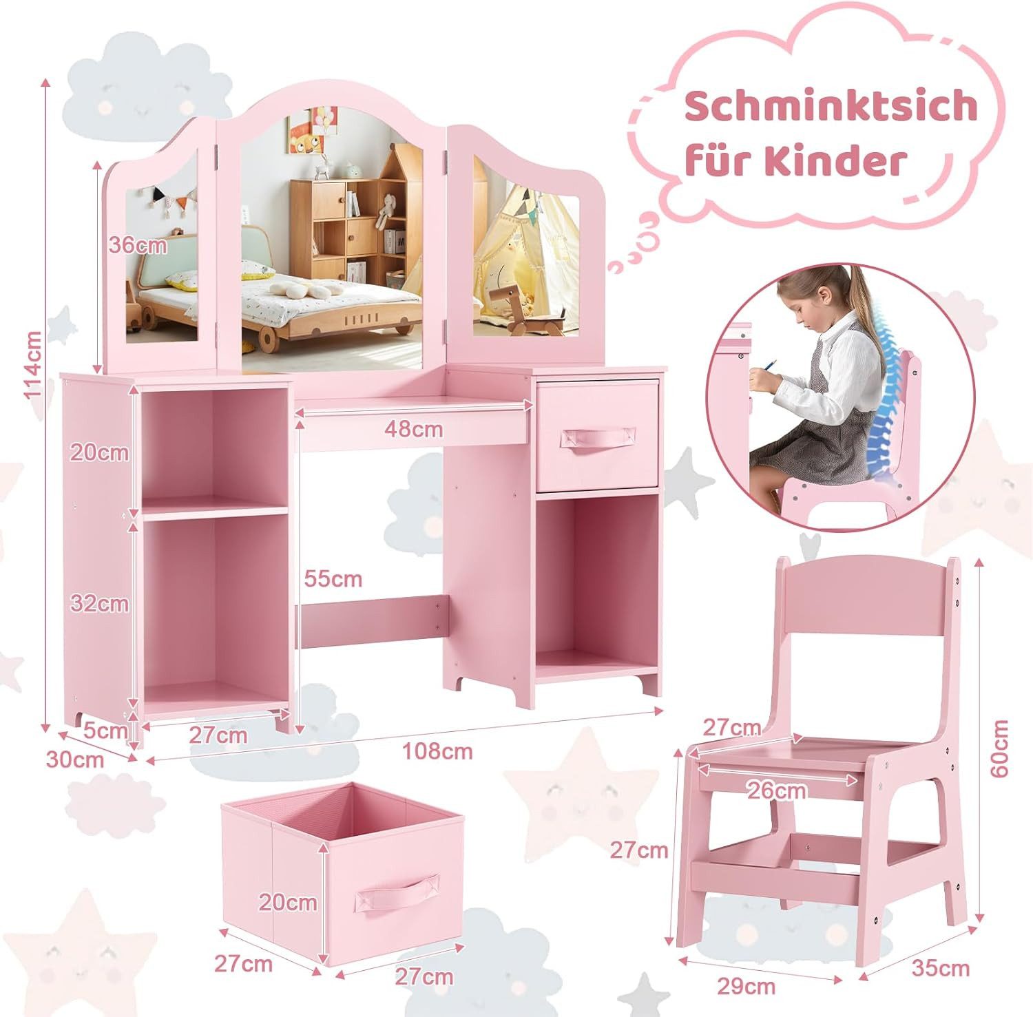 TLGREEN Schminktisch Kinderschminktisch 2 in 1,mit Abnehmbarem Spiegel (108 günstig online kaufen