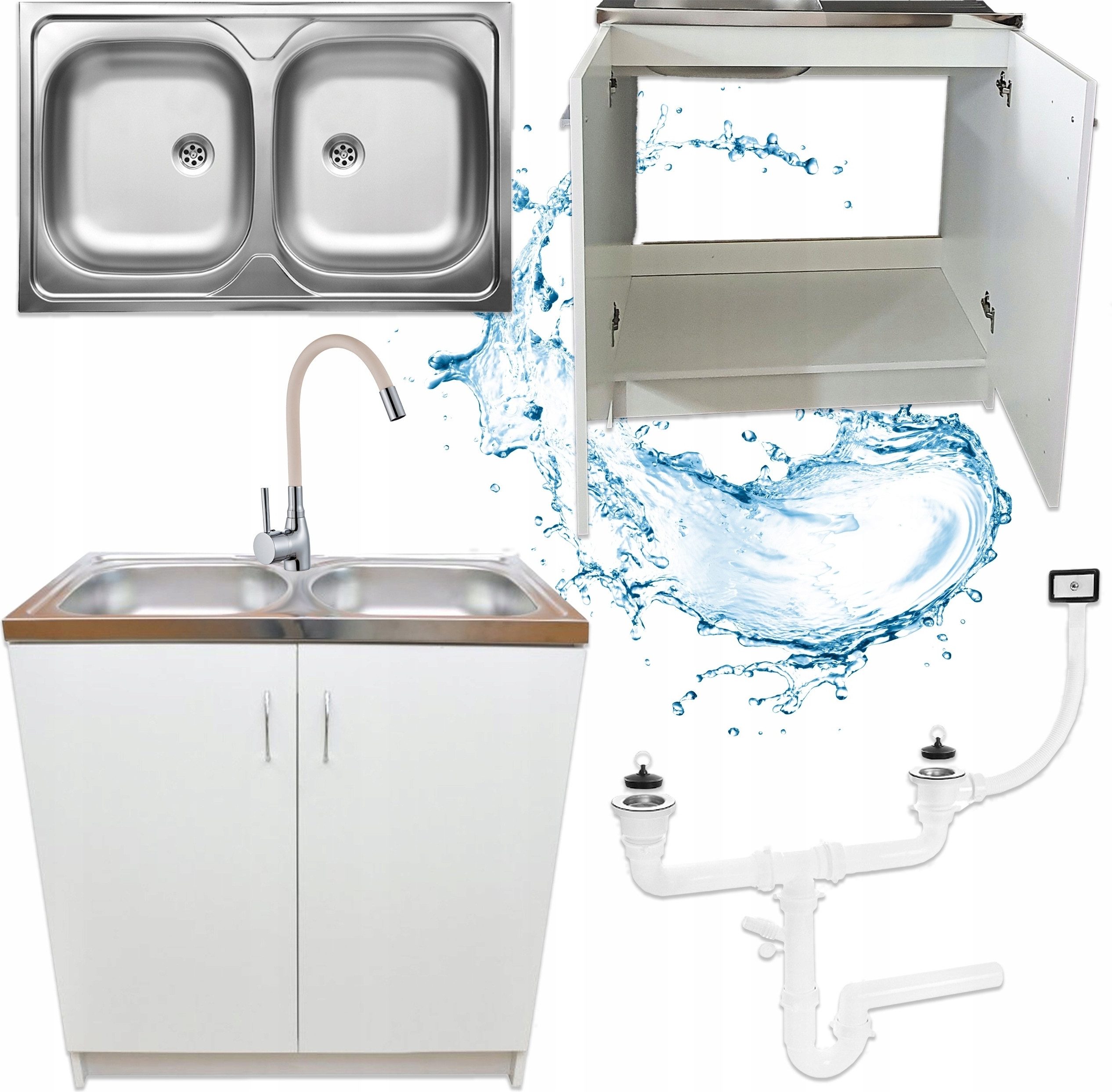 STAMAR Spülenschrank Küchenschrank 80cm Weiß Spüle 2 Becken Armatur Flexibel Beige Set Standschrank 46cm Tiefe Siphon Geschirrspüler Komplett Montagefertig