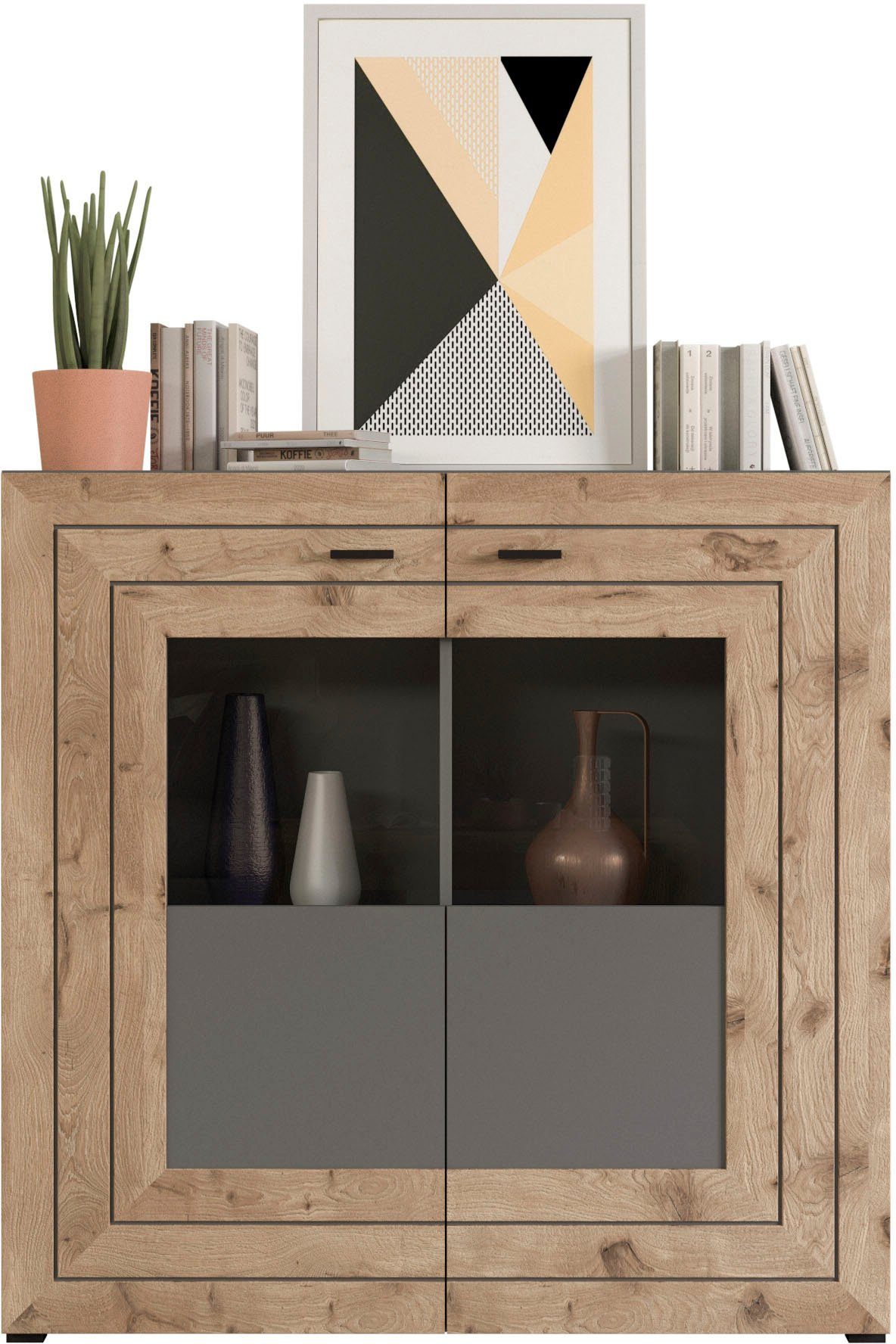 Home affaire Highboard Aalborg, Höhe 117cm, 2 Glastüren, 6 Fächer, 2-farbig, Metallgriffe, Anrichte, Schrank, Kommode, Midischrank, Wohnmöbel, Wohnzimmer