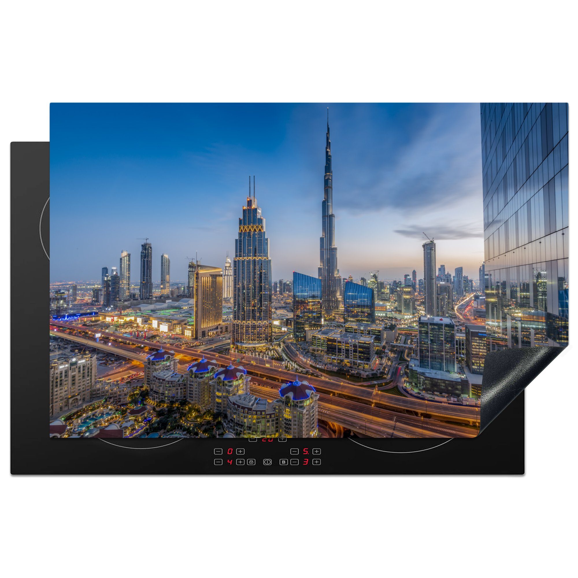 MuchoWow Herdblende-/Abdeckplatte Das Stadtbild von (1 Abenddämmerung, tlg), cm, küche, Khalifa für Vinyl, Burj Induktionskochfeld die in 81x52 der Dubai Ceranfeldabdeckung dem Schutz mit