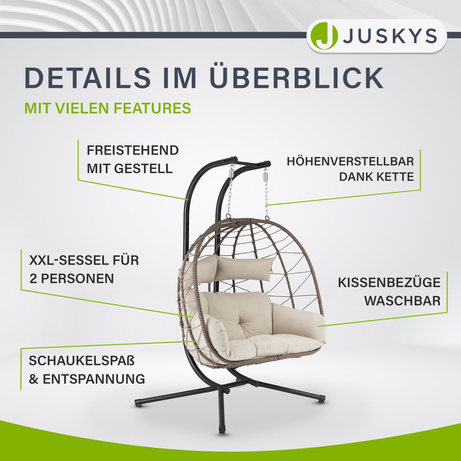 Juskys Hängesessel Aria, Polyrattan Doppelhängesessel, Schaukel mit Gestell & Kissen