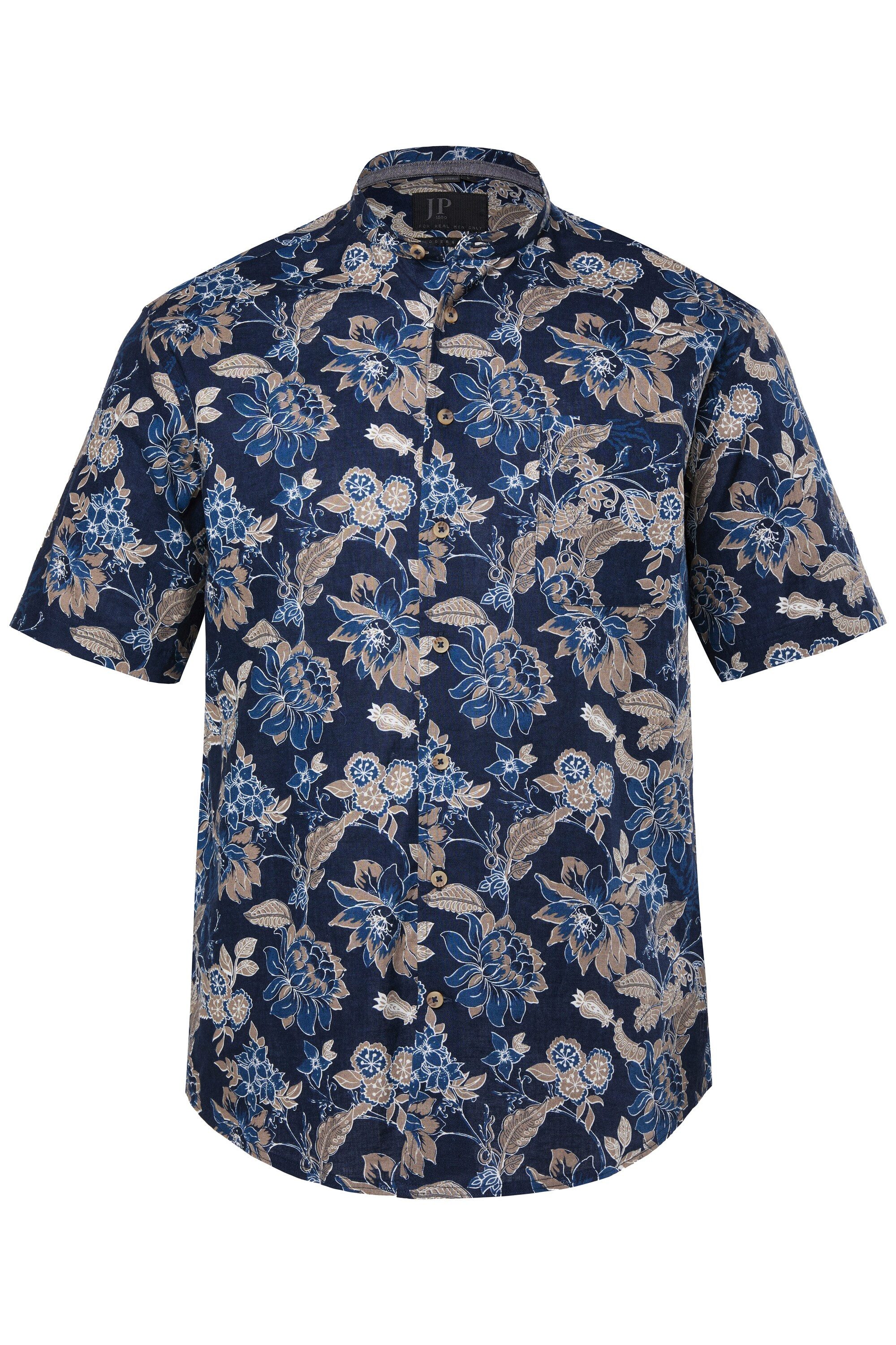 JP1880 Kurzarmhemd Hemd Halbarm Leinenmix florales Muster Stehkragen