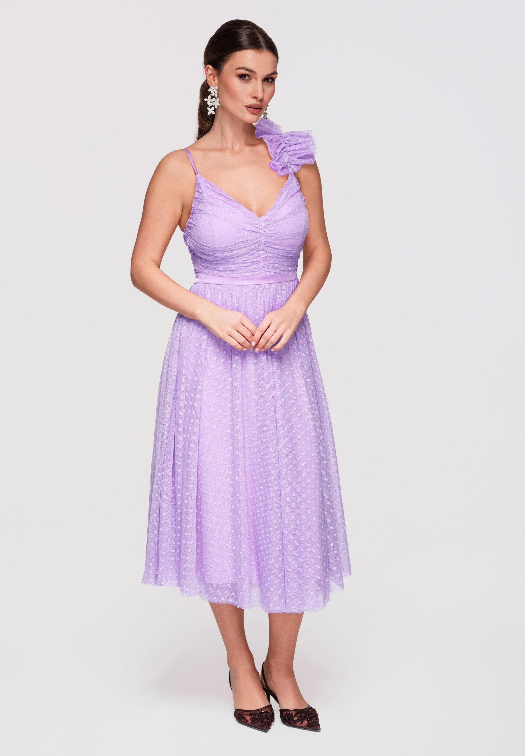 OMBRE Abendkleid Damen Midi Cocktailkleid mit V-Ausschnitt Violett S (kein Set, 1-tlg) in Unifarbe