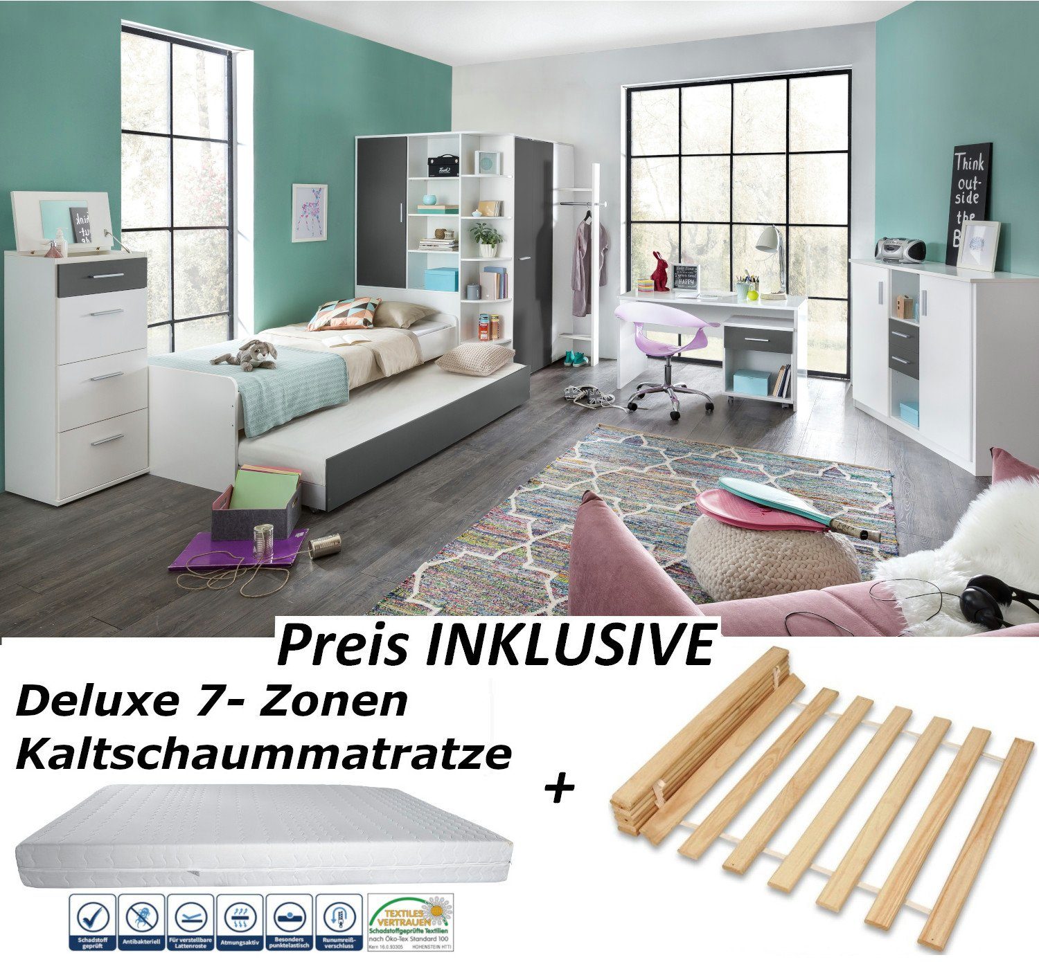möbel-direkt.de Jugendzimmer-Set Joker in Weiß und Anthrazit, (Komplett Set, 10-tlg., in verschiedenen Varianten wählbar), Made in Germany, Soft Close, höhenverstellbarer Schreibtisch