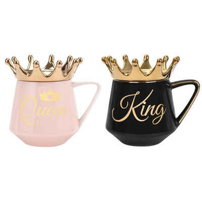 COFFEE LOVER Tasse King & Queen Pärchentassen Set, Keramik, Schwarz & Rosa, 350ml, cooles Geschenk für Pärchen