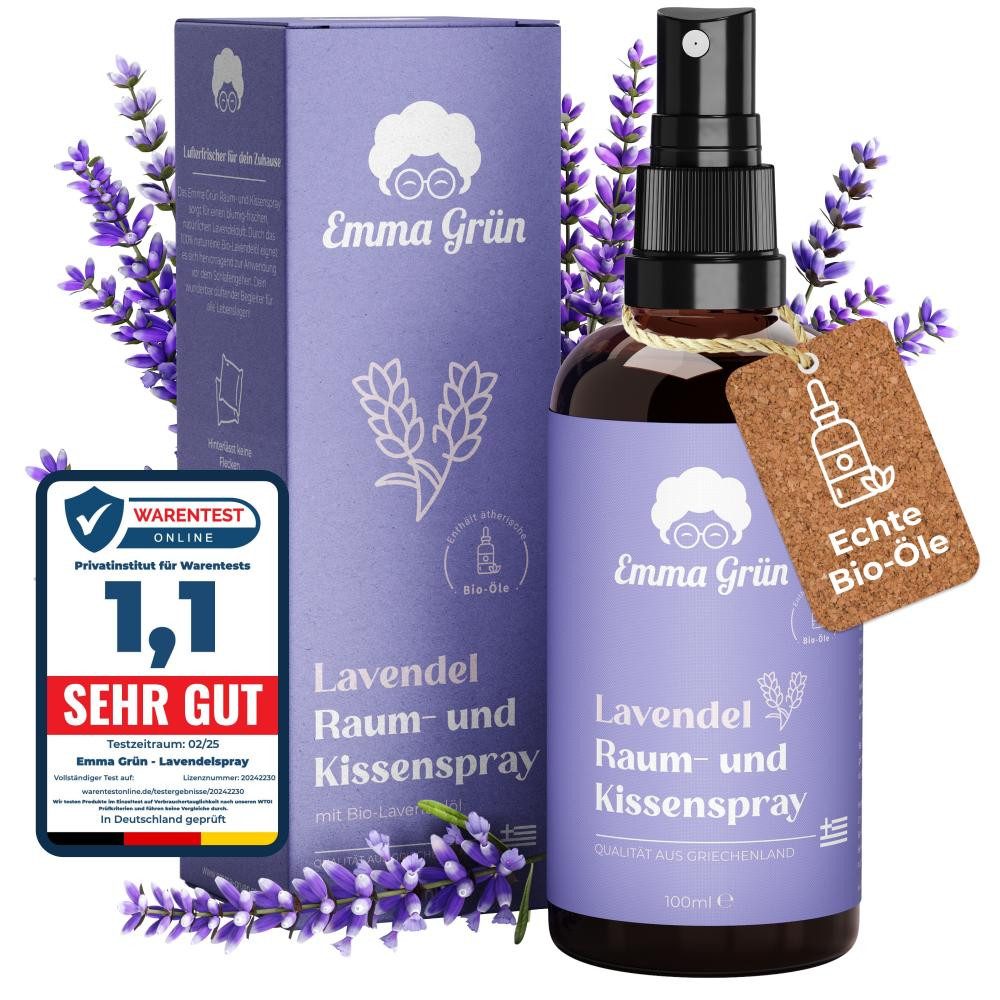 Emma Grün Duftöl Lavendel Kissenspray 100 ml, mit Bio Lavendelöl (Set, Je nach Auswahl: 1x, 2x oder 5x Raumspray Lavendel 100 ml), Höchste Bio-Zertifizierung der Duftöle, naturrein & ohne Zusätze