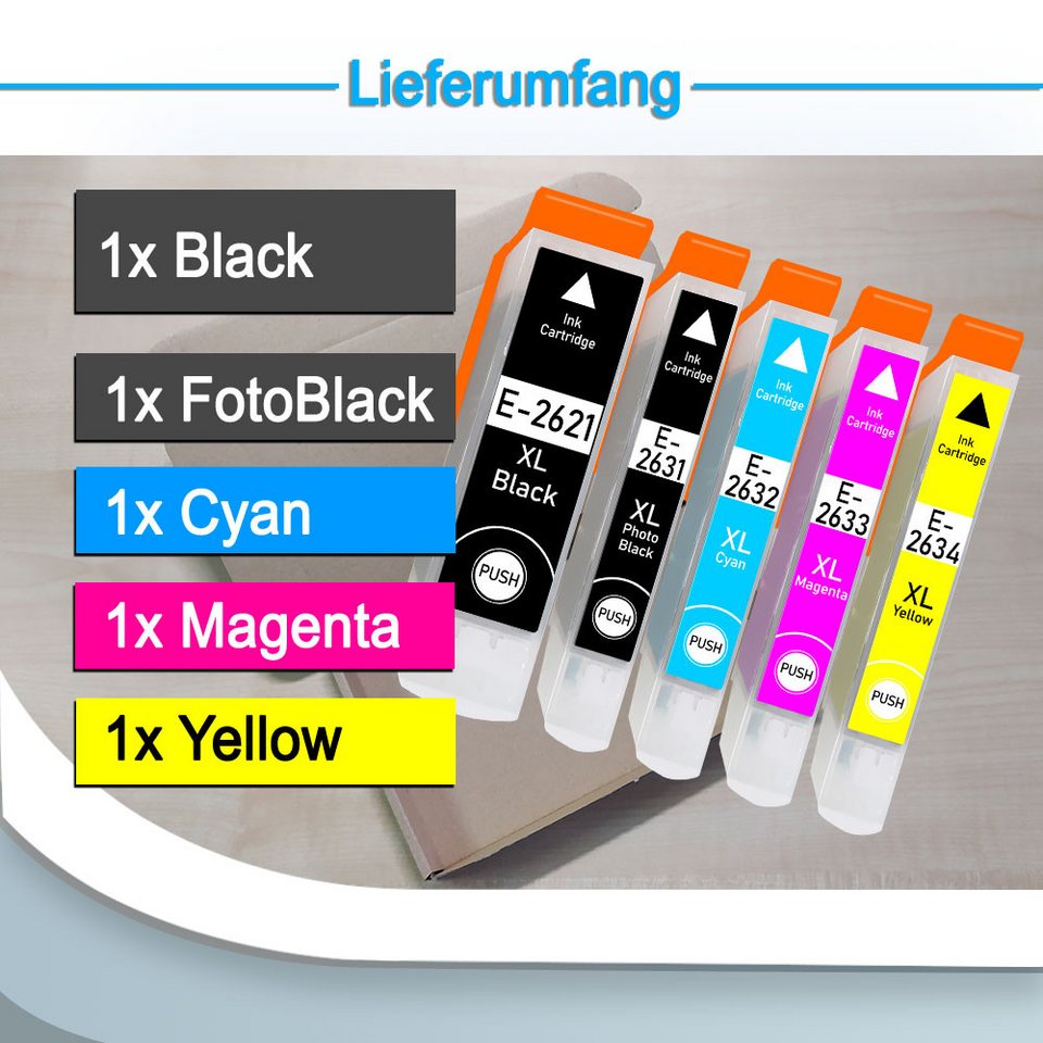 Thumbnail - Druckerparadies 5er Pack Druckerpatronen 26 26XL kompatibel mit Epson XP-520 Tintenpatrone (5-tlg)
