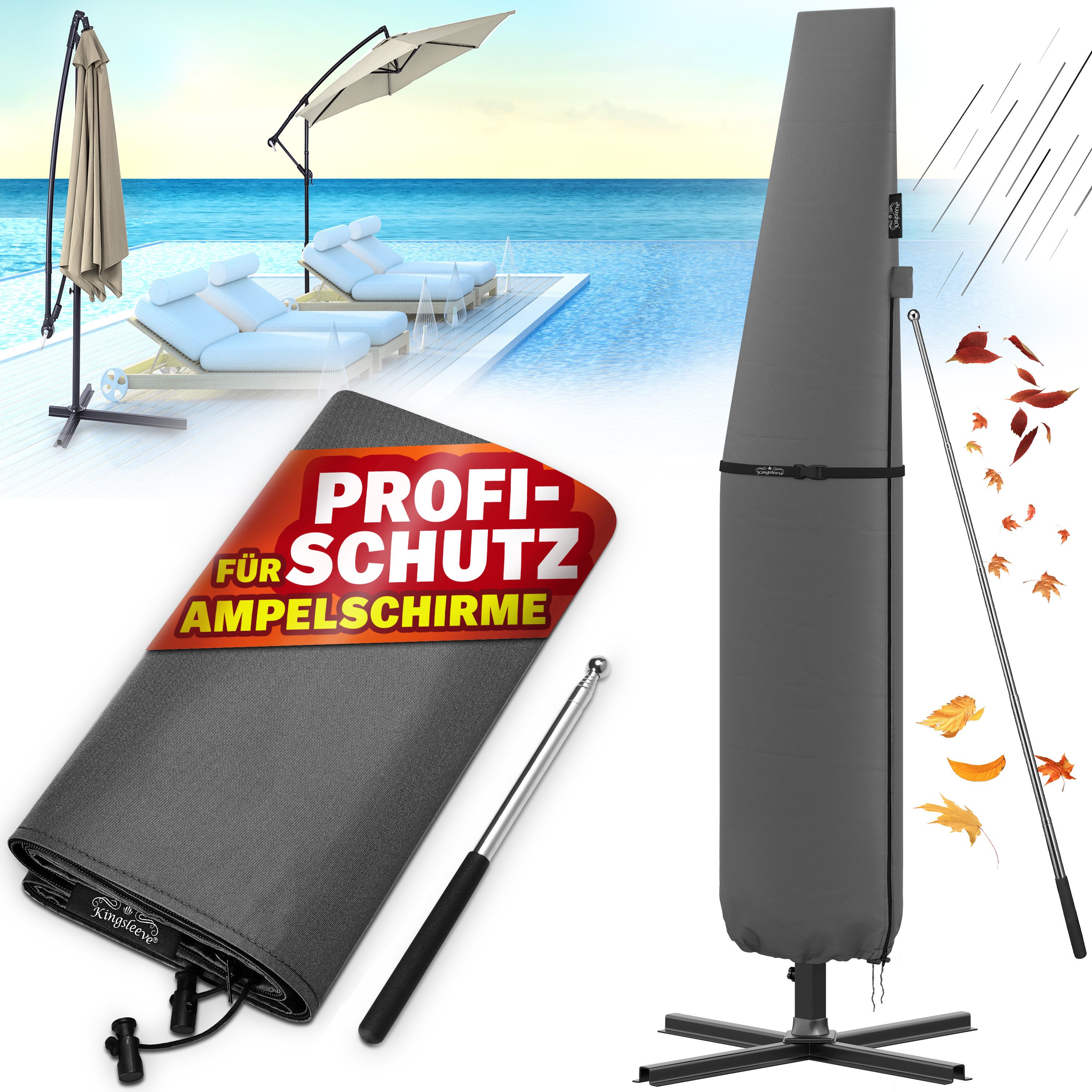 Kingsleeve Sonnenschirm-Schutzhülle, Ampelschirm mit Stab bis Ø 350 cm Wetterdicht Groß Sonnenschirm Grau
