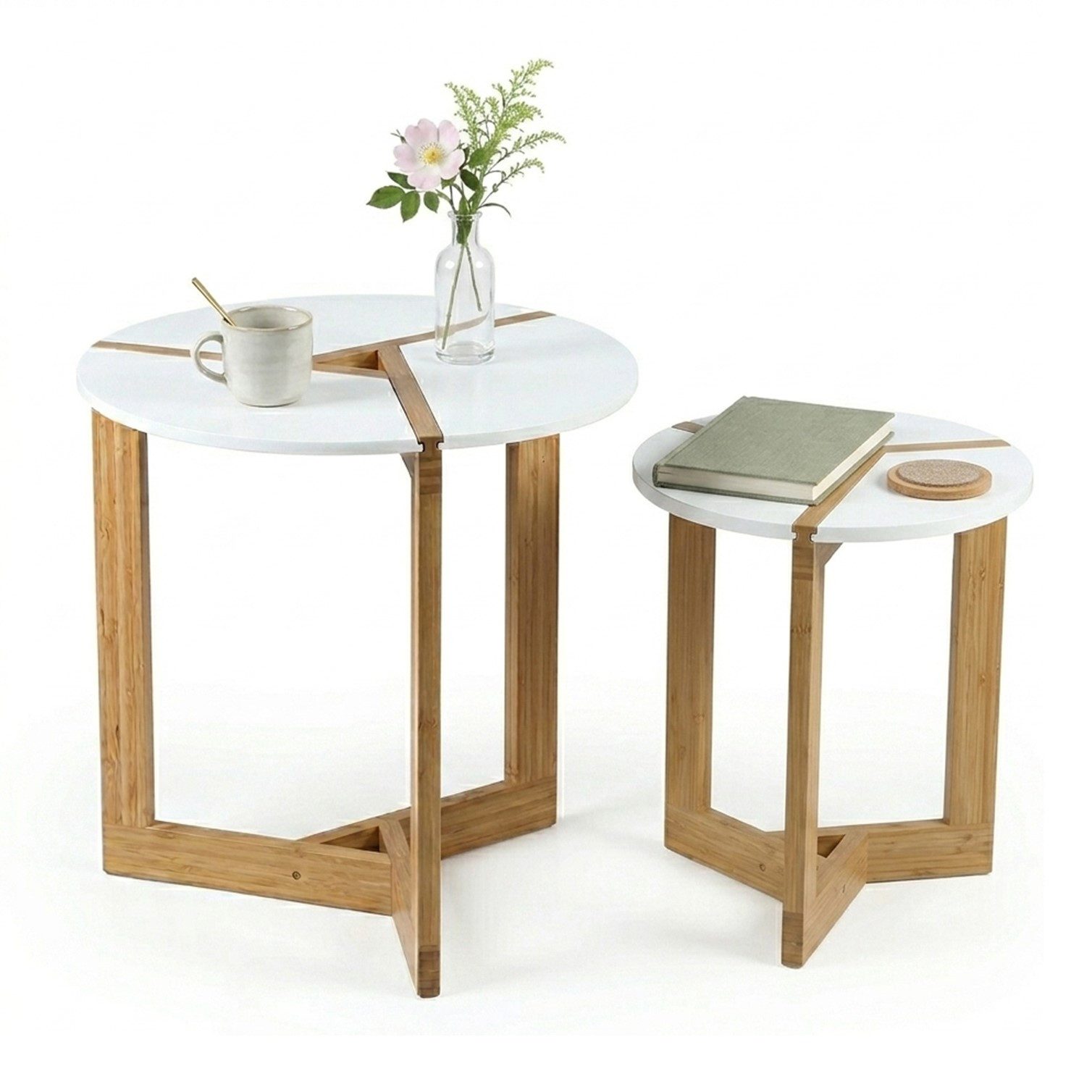 HOOZ Beistelltisch Bambus Sofatisch rund Couchtisch Set Wohnzimmer Weiß-Natur Ø40 & 50cm (Set, 2-St., bestehend aus 2 runden Satztischen in zwei Größen), Stilvoller Satztisch aus Bambus für Wohnzimmer und Schlafzimmer