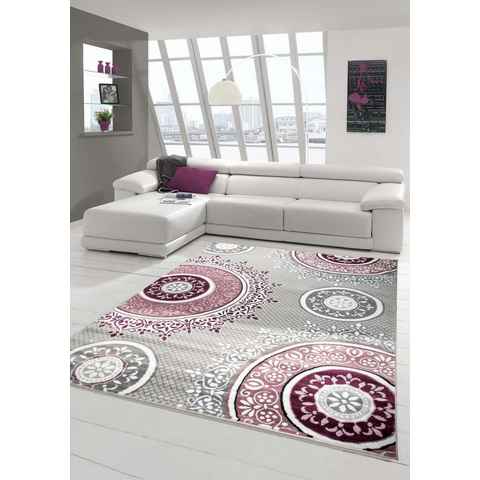 Teppich Designer Teppich Moderner Teppich Wohnzimmer Teppich Klassisch gemustert Kreis Ornamente in Pink Lila Grau Creme, Teppich-Traum, rechteckig, Höhe: 11 mm