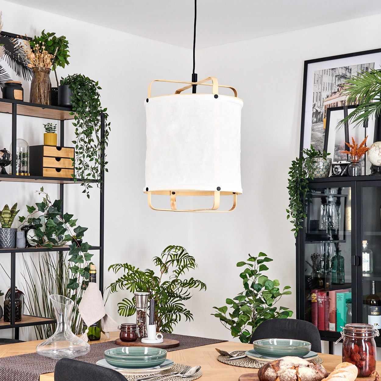 hofstein Hängeleuchte Hängelampe aus Metall/Bambus in Schwarz/Naturfarben/W günstig online kaufen