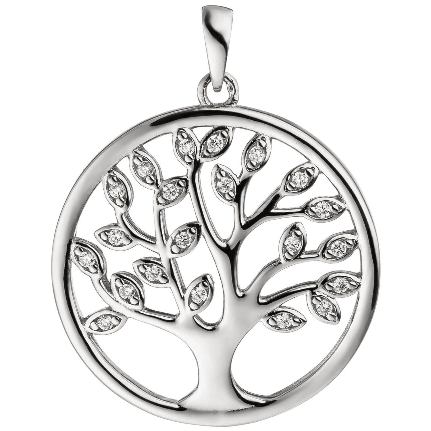 Silber Kettenanhänger aus rund, 925 Silber Schmuck Zirkonia rhodiniert, Anhänger Lebensbaum mit weißen Blättern Krone 925