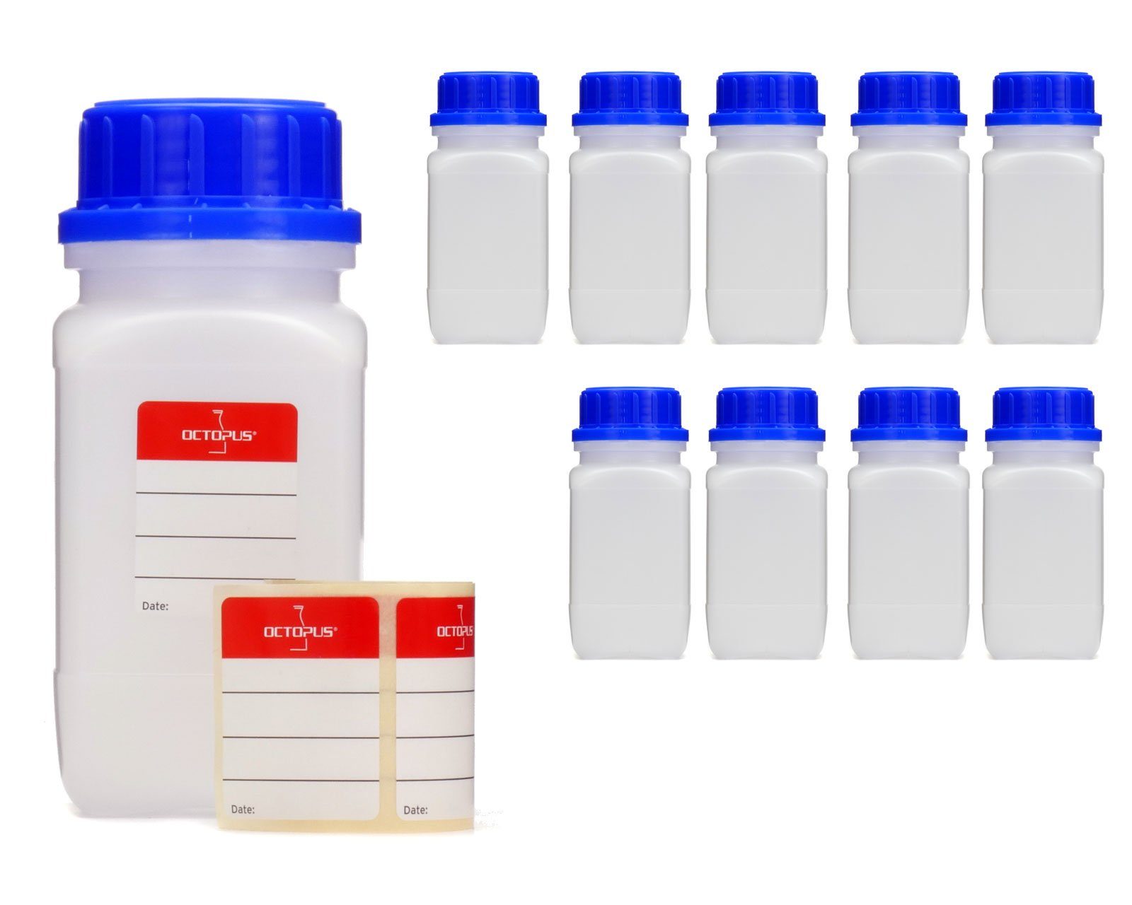OCTOPUS Kanister 10x 250ml Weithalsflaschen, Laborflaschen, Vierkantflaschen, Plastikfl (10 St)