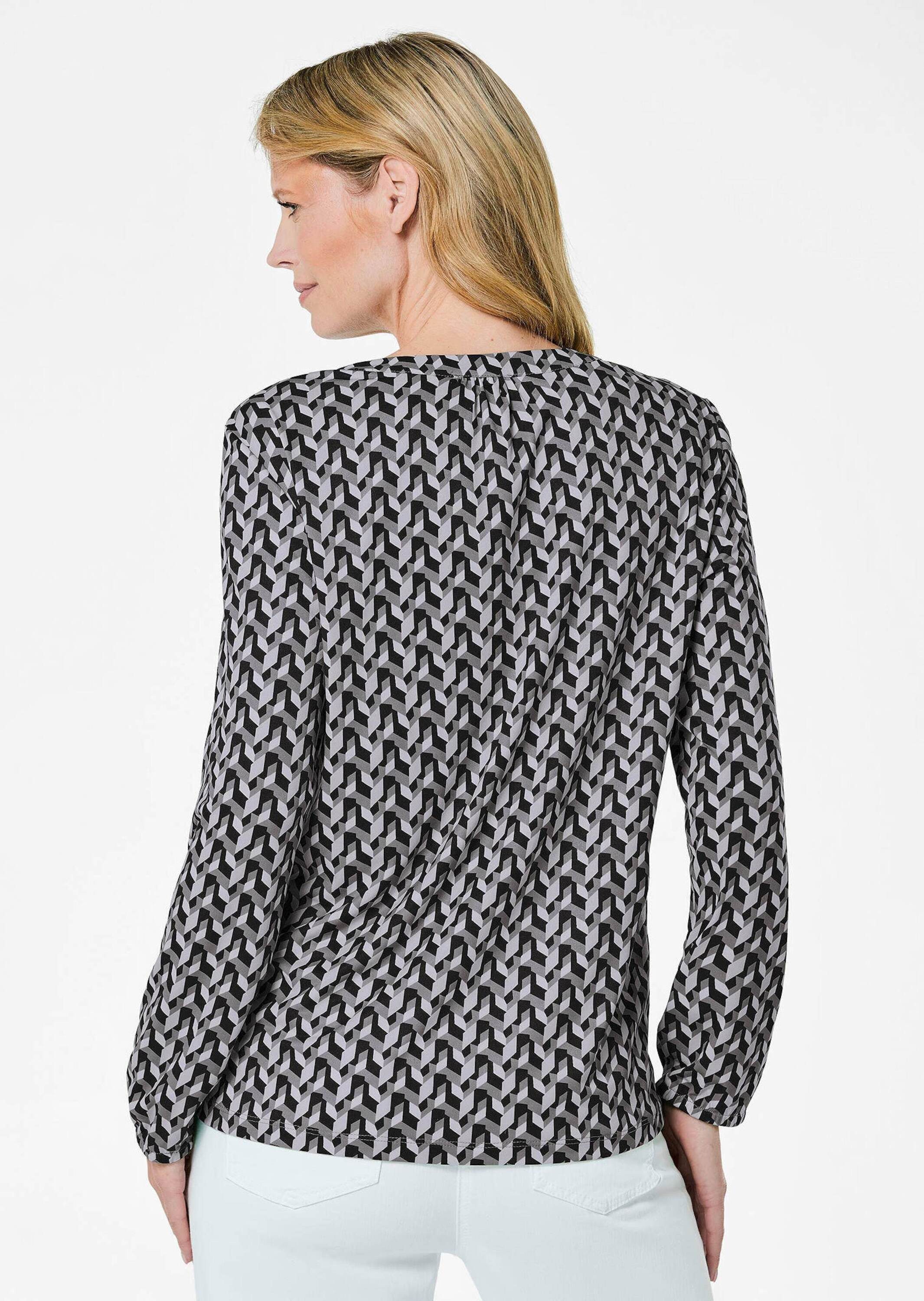 GOLDNER Kurzarmbluse Kurzgröße: Elegantes Blusenshirt mit V-Ausschnitt Schlupfbluse mit Allover-Print, Kräuselung und Langarm