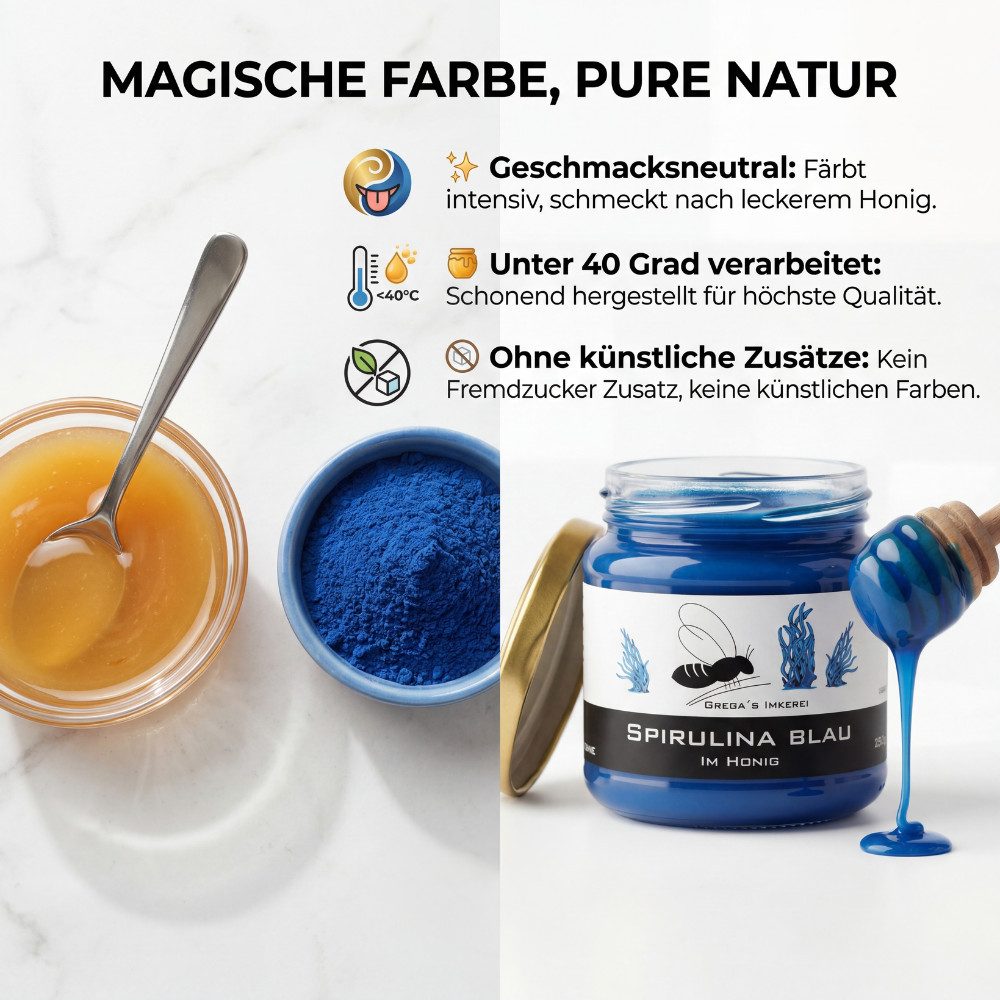 Grega´s Imkerei Honig Blauer Spirulina Blau im Honig, 1 x 250 g, (Honig & mehr direkt vom Imker), Cremige Honigspezialität mit nur zwei natürlichen Zutaten – Bild 2 von 5