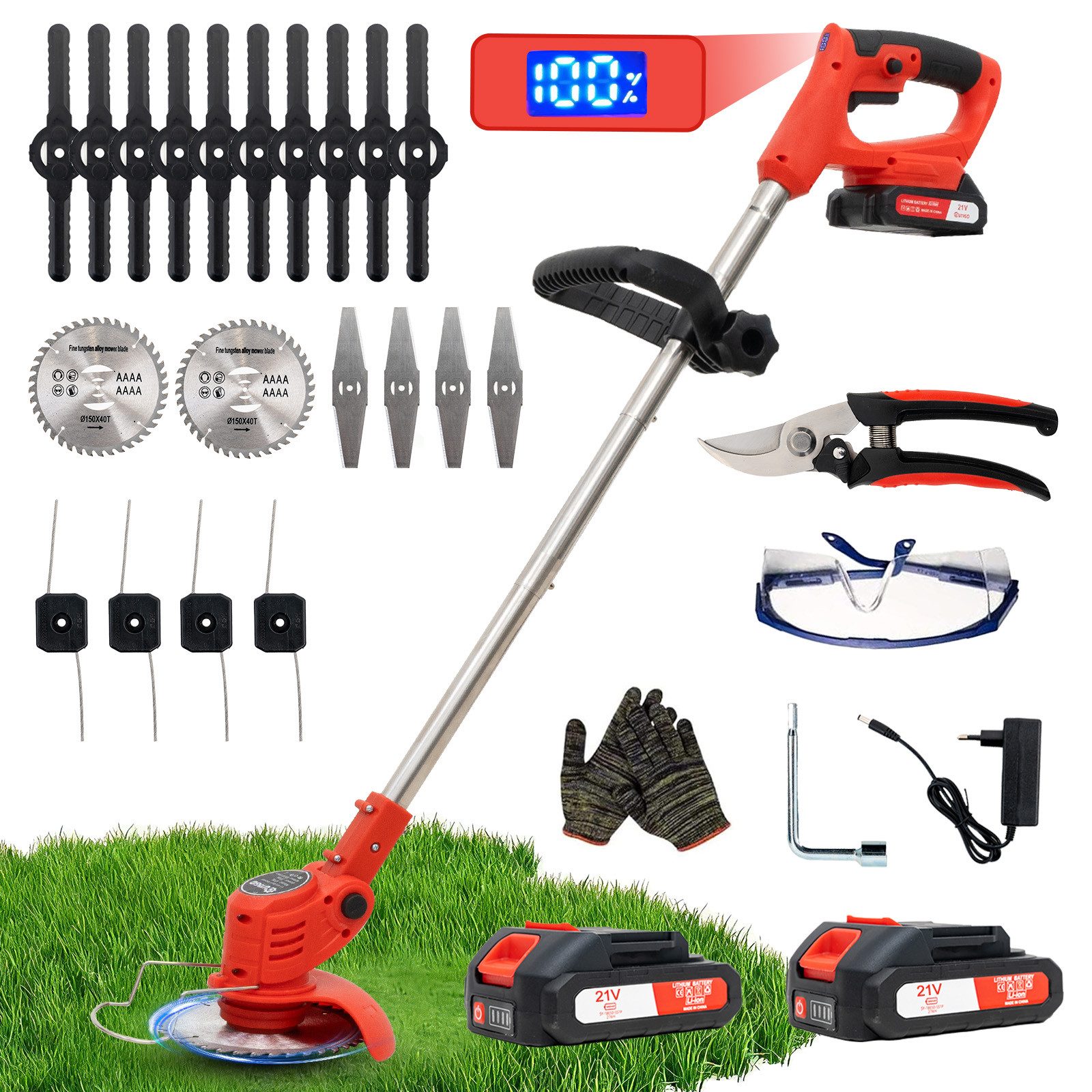 OUTIGO Akku-Rasentrimmer mit 2 Akkus 21V, Akku-Gartenmäher, Akku Rasentrimmer Akkurasenmäher, Feste Länge 124 cm