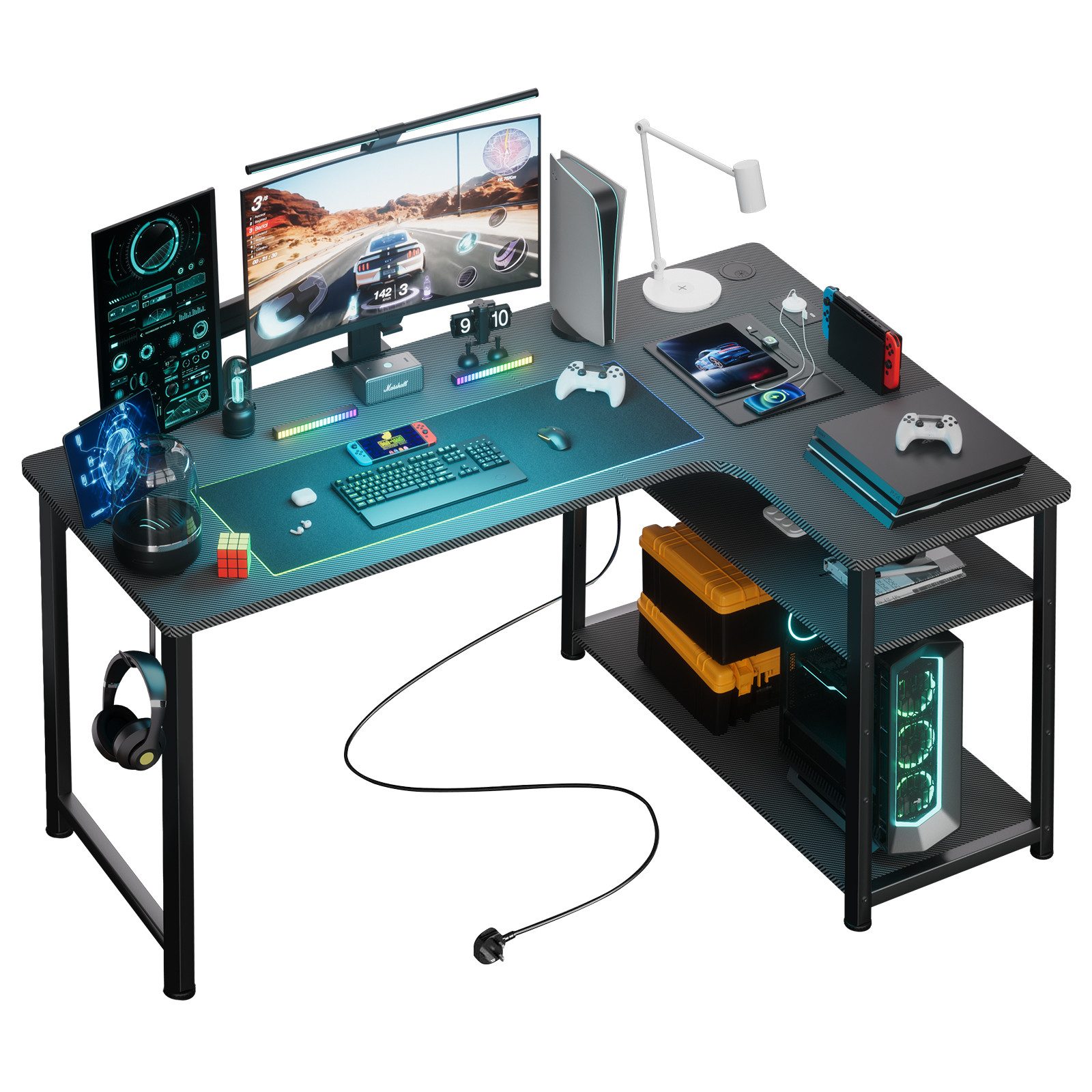 GTPLAYER Schreibtisch Gaming Tisch Eckschreibtisch mit Regal USB-Ladeanschluss und Steckdose (1 Tisch), 120/100cm Computertisch L Form, PC Tisch für Büro, Heimbüro