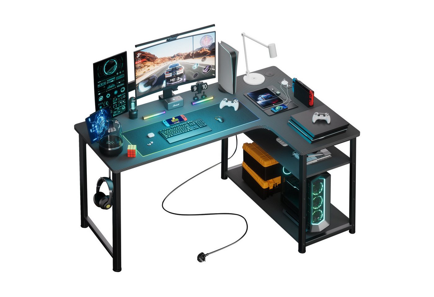 GTPLAYER Schreibtisch Gaming Tisch Eckschreibtisch mit Regal USB-Ladeanschluss und Steckdose (1 Tisch), 120/100cm Computertisch L Form, PC Tisch für Büro, Heimbüro