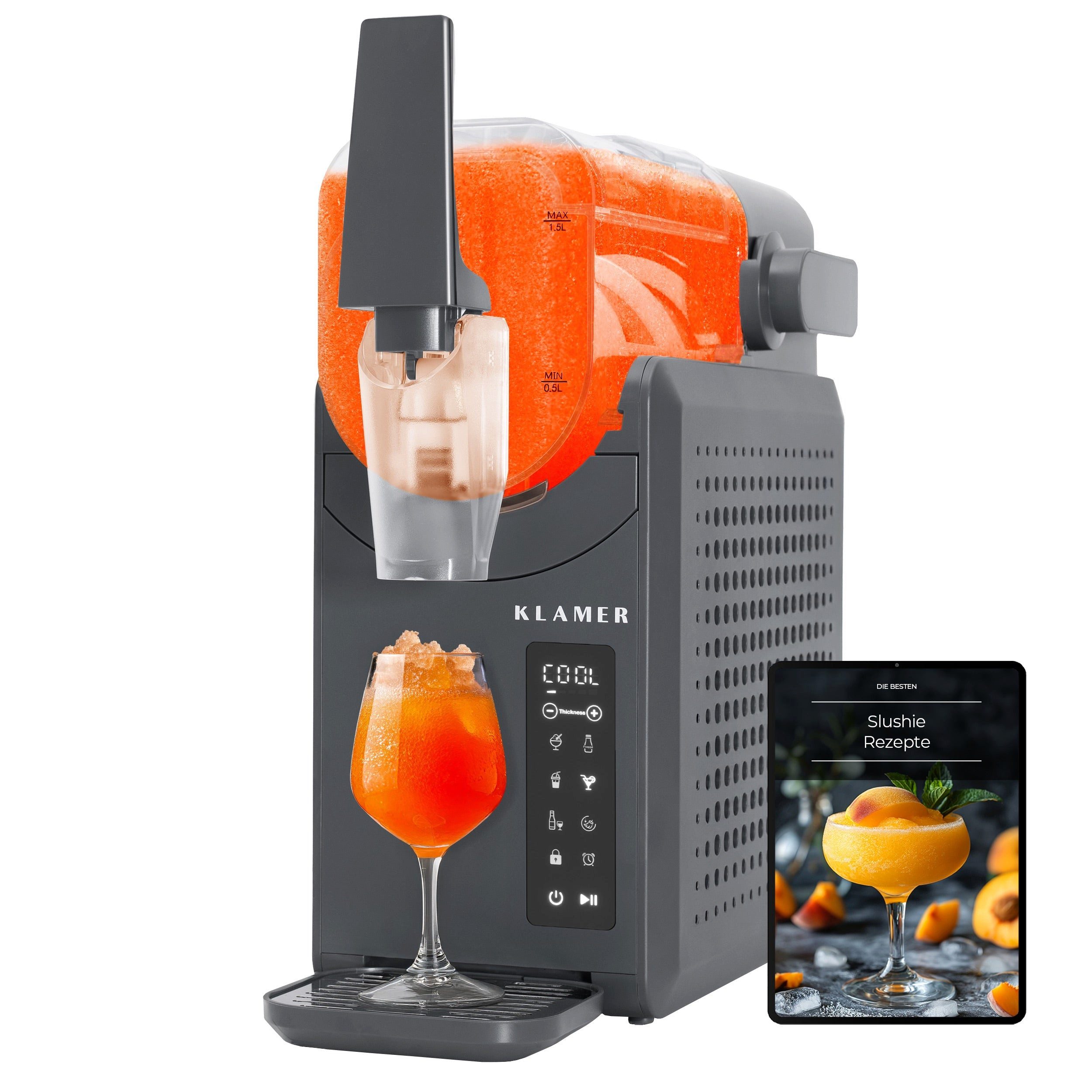 KLAMER Slush-Eismaschine 5 voreingestellte Programme: Slushie, Cocktail, Milchshake, Frappé, W…, 2 l, 220 W, Reinigungsautomatik, Touchpad-Steuerung, Programmierbar