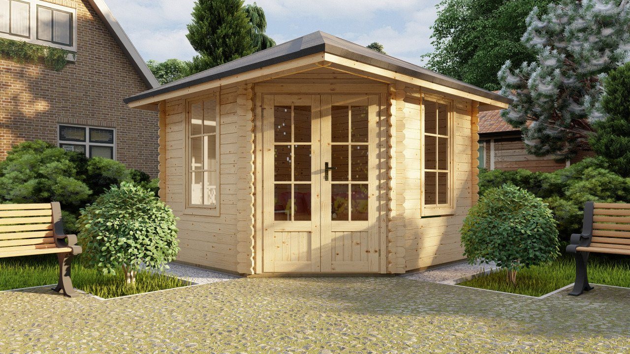 Finn Art Blockhaus Gartenhaus 3x3m Holz 5-Eck Schweden 31 in 28mm Wandstärke, BxT: 298x298 cm, ohne Fußboden, ohne Dacheindeckung