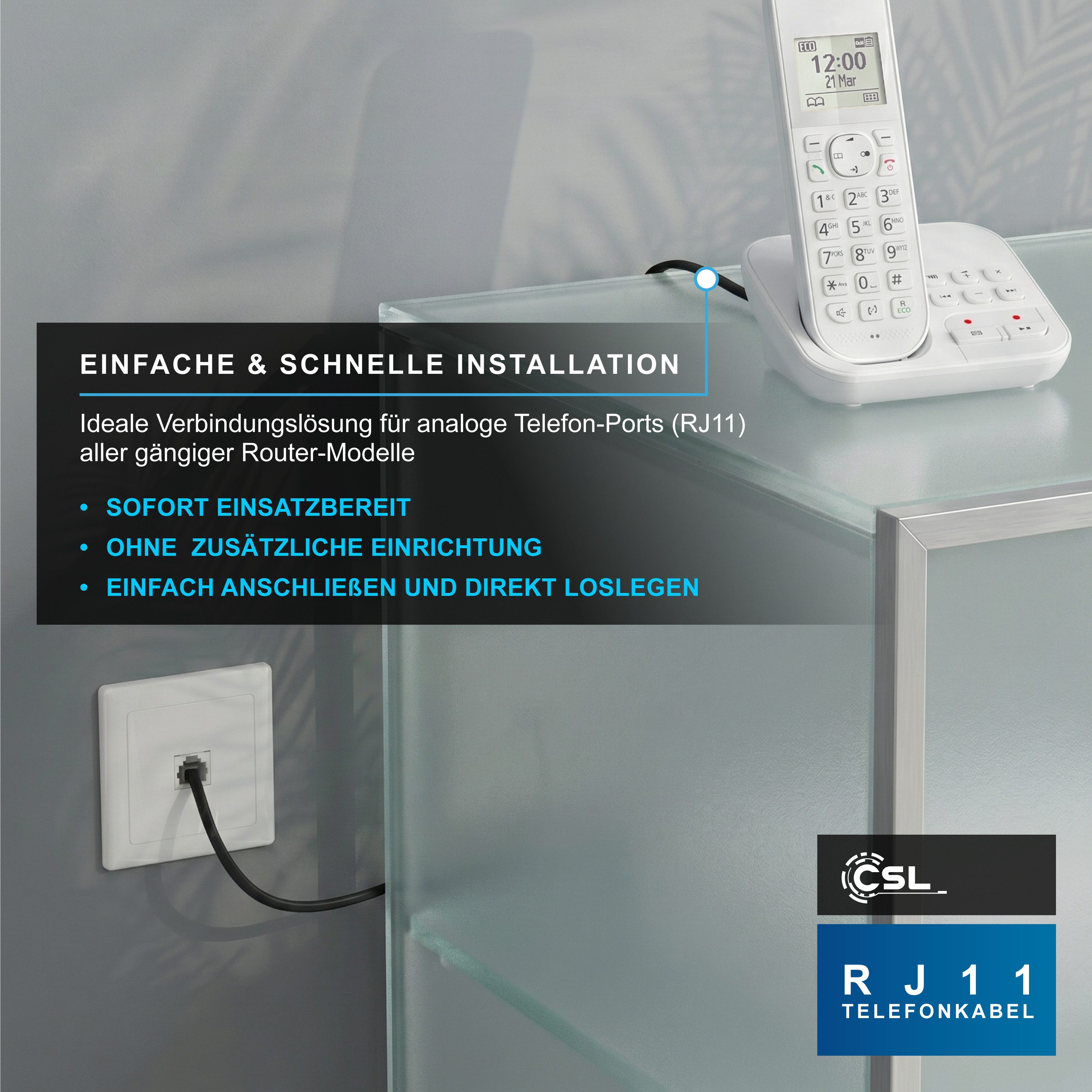 CSL Flachkabel RJ11 zu RJ 11, Router zu Telefon Fax Anrufbeantworter 10 m Telefonkabel, RJ-11, RJ-11 (1000 cm), Modularkabel, Telefonanschlusskabel, Modem, DSL, – Bild 5 von 5