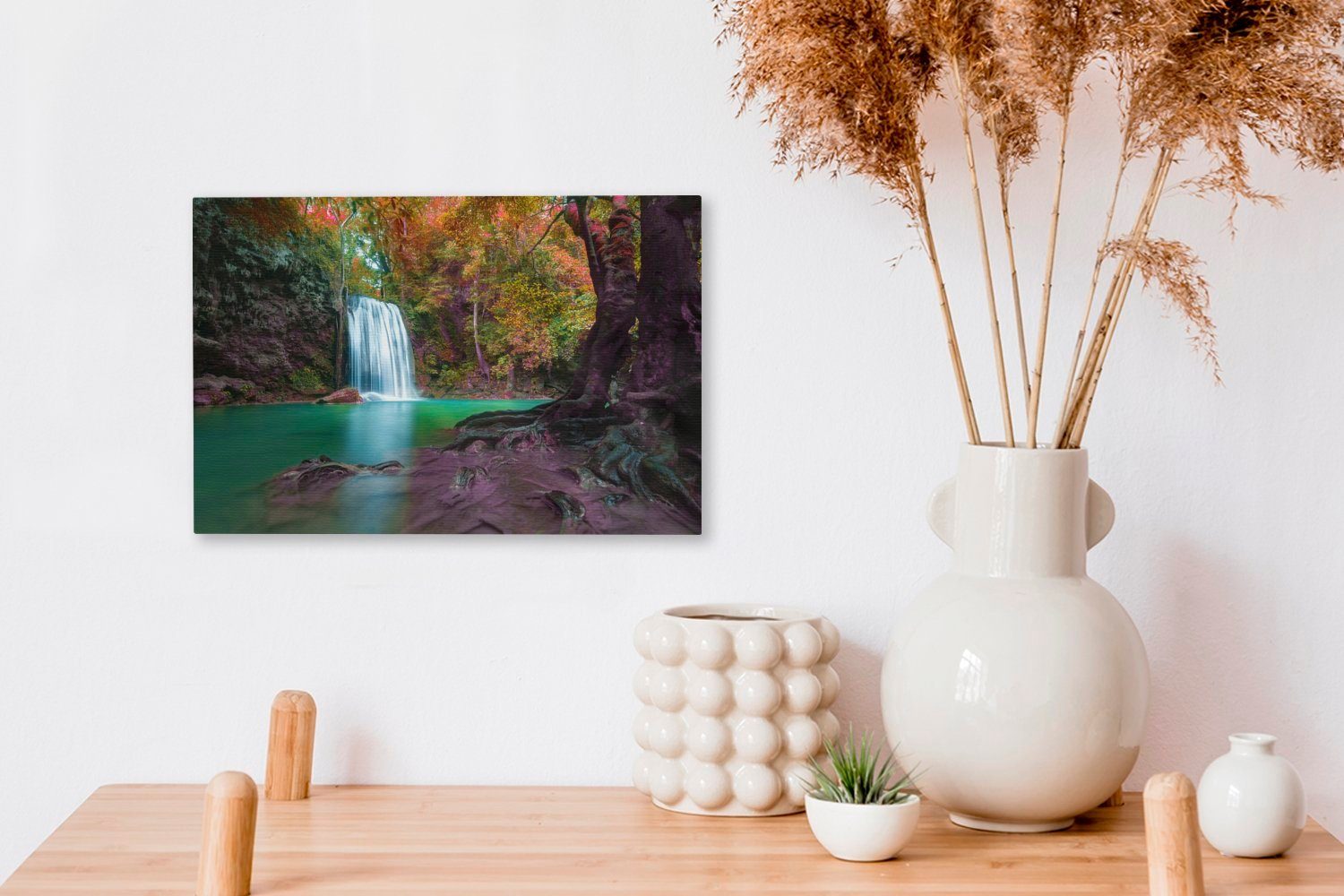 Wanddeko, Thailand, einem Leinwandbilder, cm in Wasserfall Wandbild 30x20 OneMillionCanvasses® St), (1 Blätter Bunte an im Erawan-Nationalpark Leinwandbild Aufhängefertig,