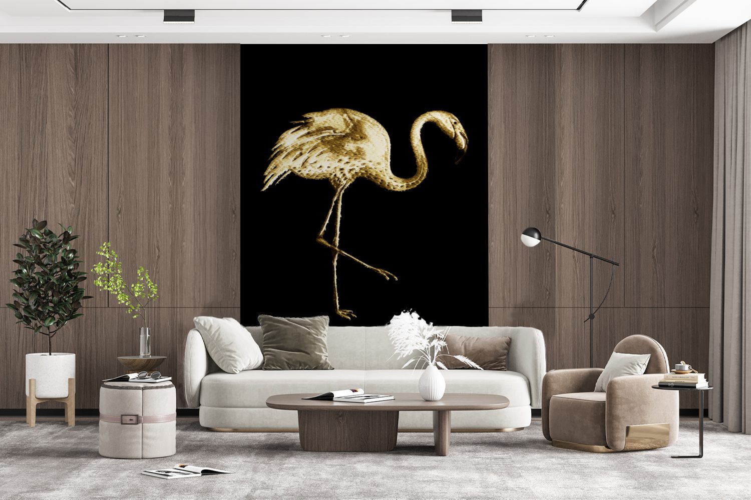 Flamingo - Matt, Fototapete bedruckt, St), Vinyl MuchoWow Tapete Montagefertig - Wohnzimmer, Schwarz, Gold für (3 Wandtapete