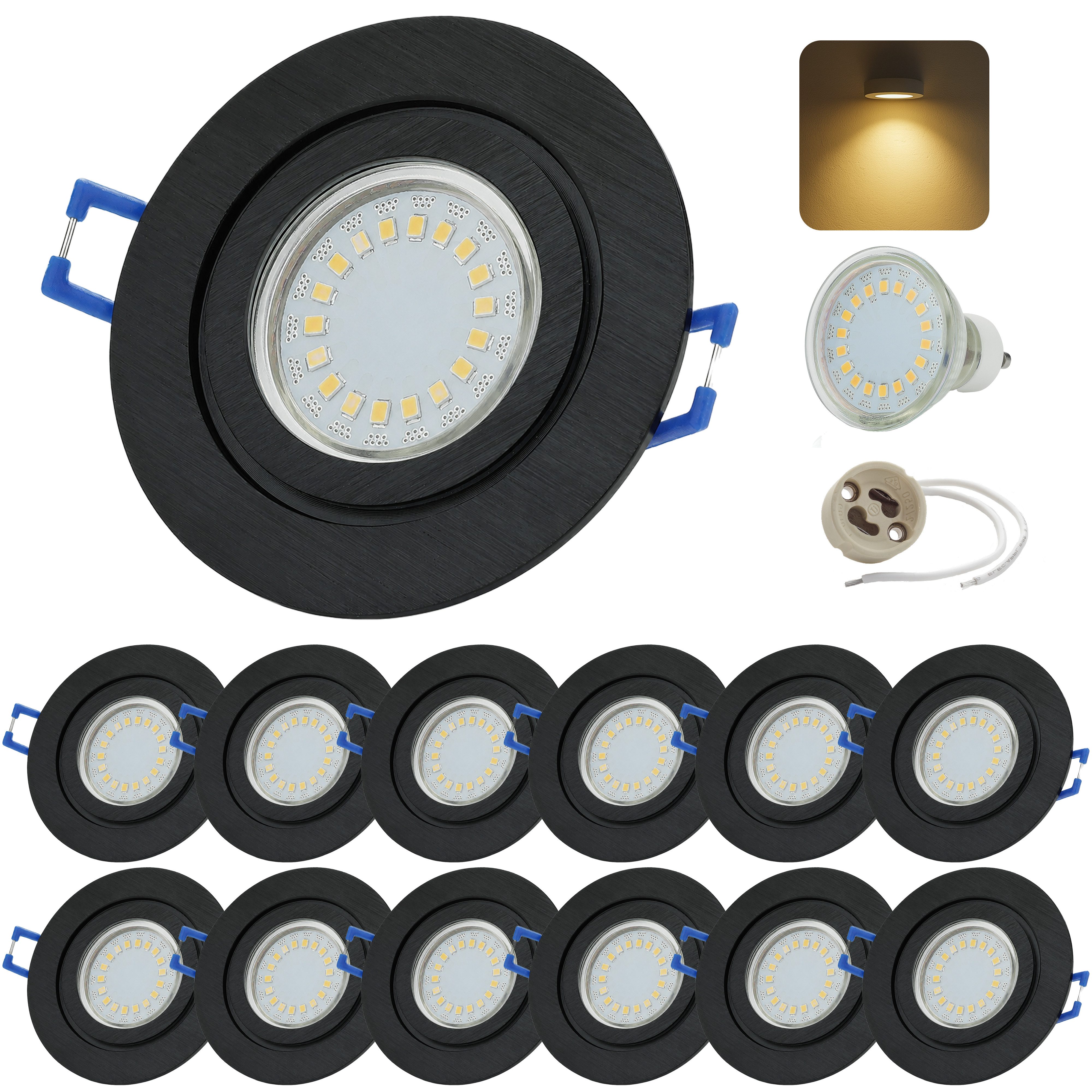 Sweet LED LED Einbaustrahler 12er Set IP44 Bad Aluminium 5W GU10 LED Deckenspots Schwarz 230V, warmweiß, Deckenspots, Deckenstrahler, IP44