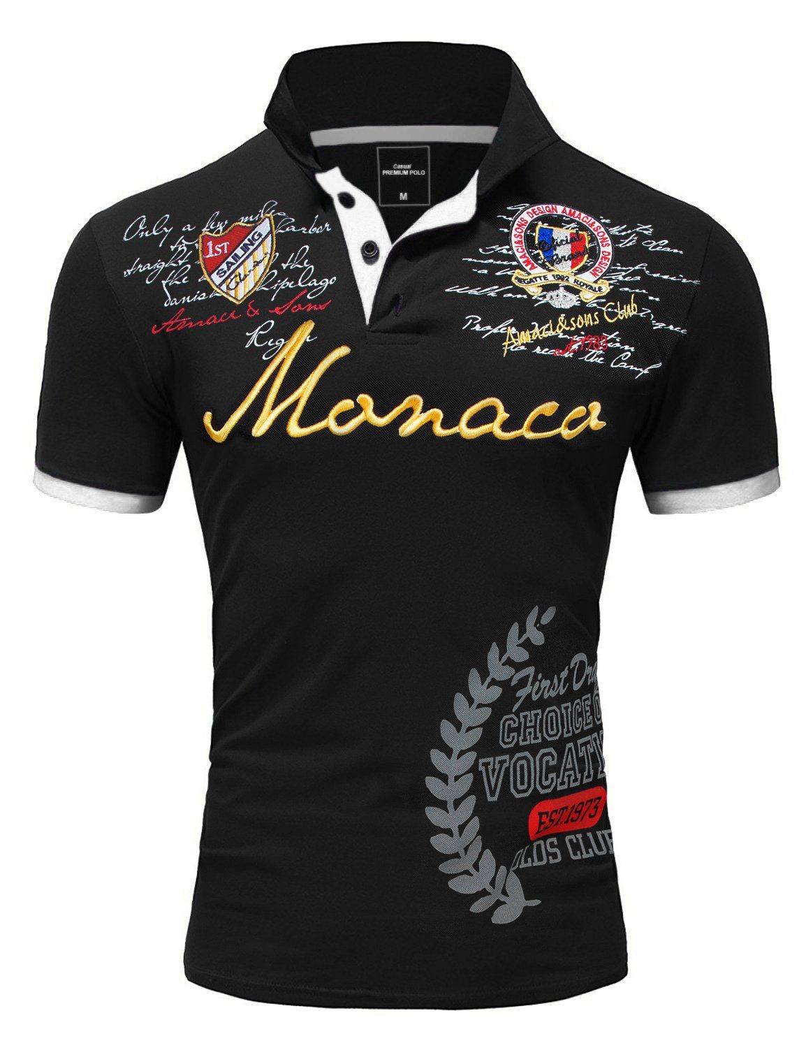 Kurzarm Stickerei Poloshirt T-Shirt Basic Poloshirt Stickerei mit Monaco Monaco Kontrast Schwarz Amaci&Sons Herren Polohemd Kurzarm
