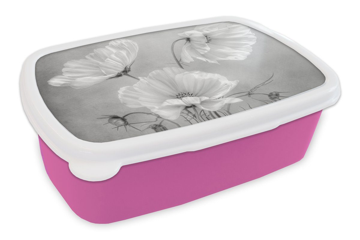 MuchoWow Lunchbox Stilleben - Blumen - Schwarz und weiß - Mohn - Botanisch, Kunststoff, (2-tlg), Brotbox für Erwachsene, Brotdose Kinder, Snackbox, Mädchen, Kunststoff rosa