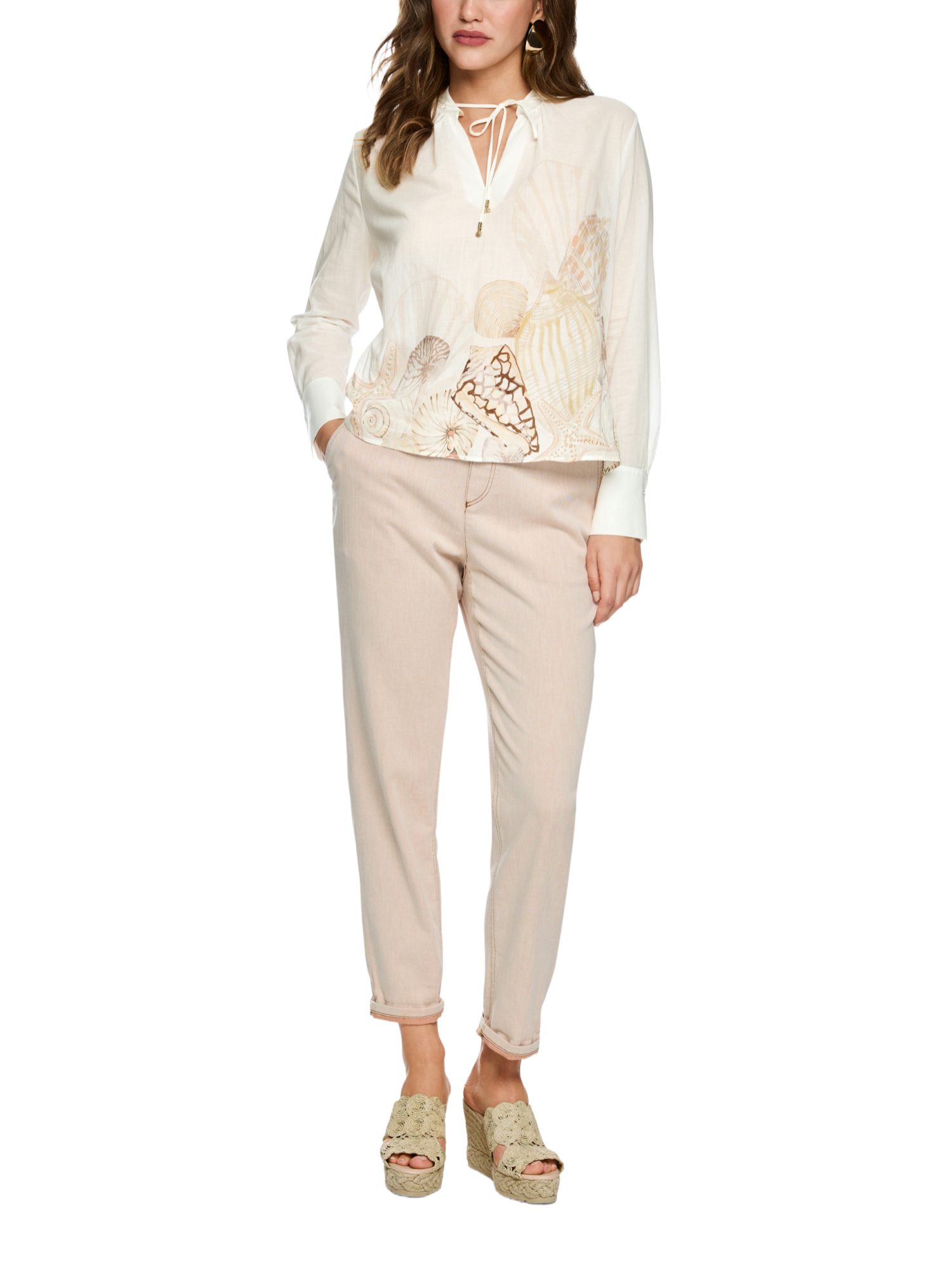 Marc Cain Kurzarmbluse AC.2 - F - Blazing Sun weiß,Casual,Baumwolle,Allover-Print,V-Ausschnitt,Lang,Loose Fit