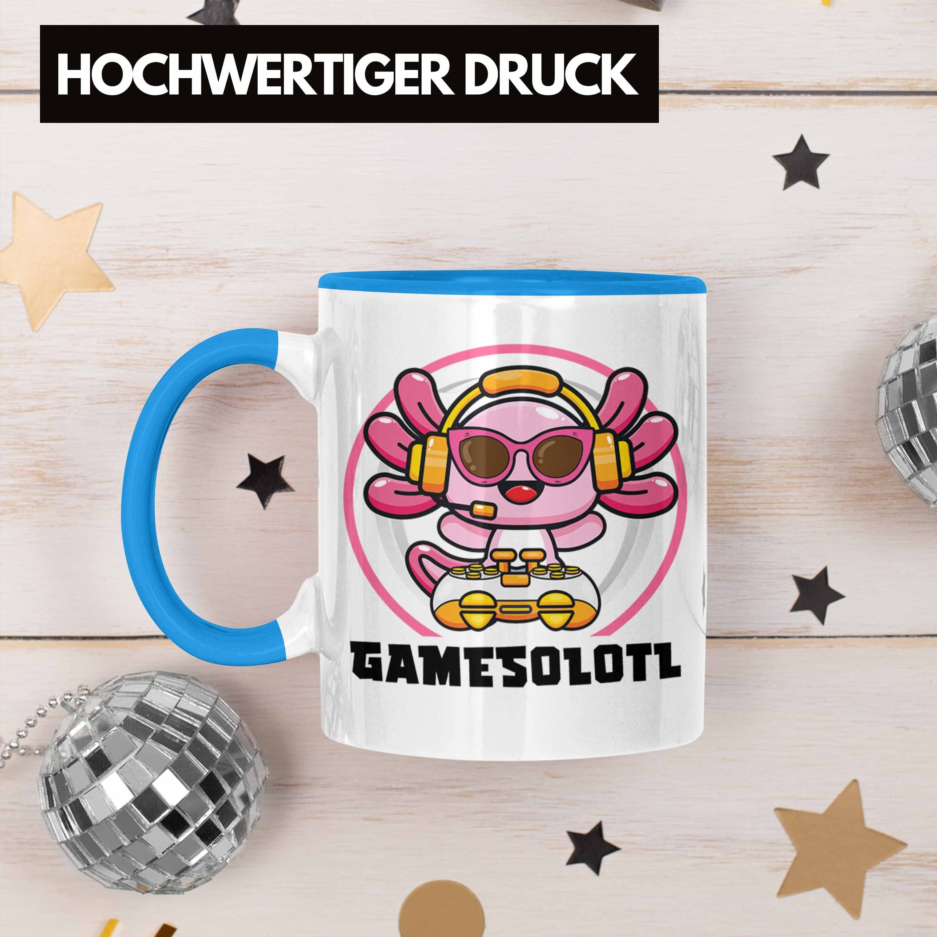 Trendation Tasse Trendation - Schwanzlurch Geschenkidee Tasse Gamer Axolotl Tiere Lustig Grafik Geschenk Blau