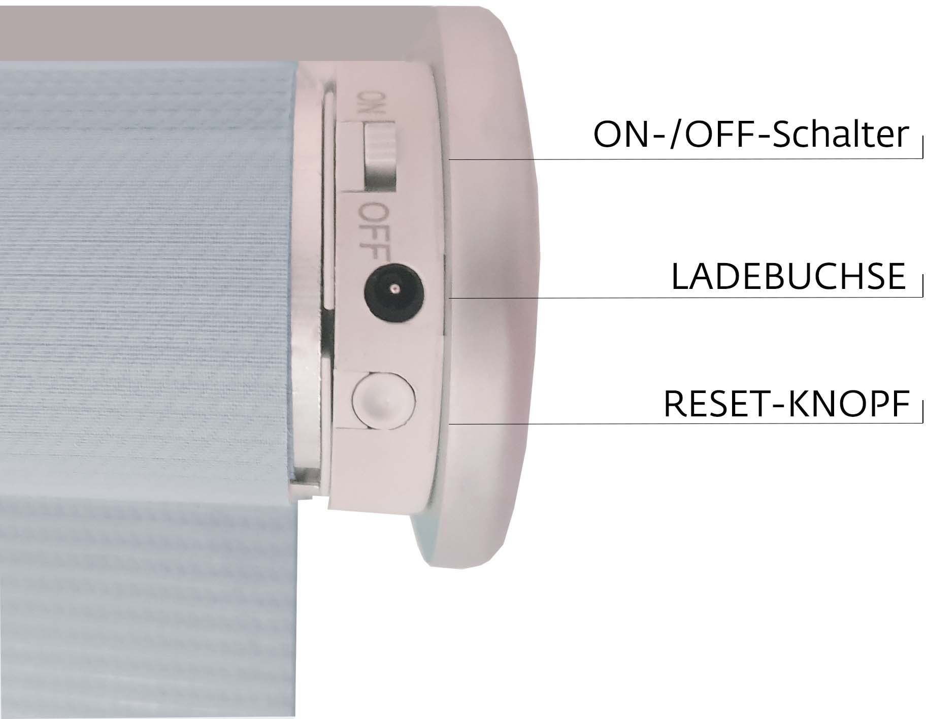 appgesteuert, blickdicht, via Bluetooth, verschraubt, grau sunlines, nachhaltig Upcycling appgesteuert Rollo blickdicht, ohne Sunlines, Bohren, Elektrisches Akkurollo