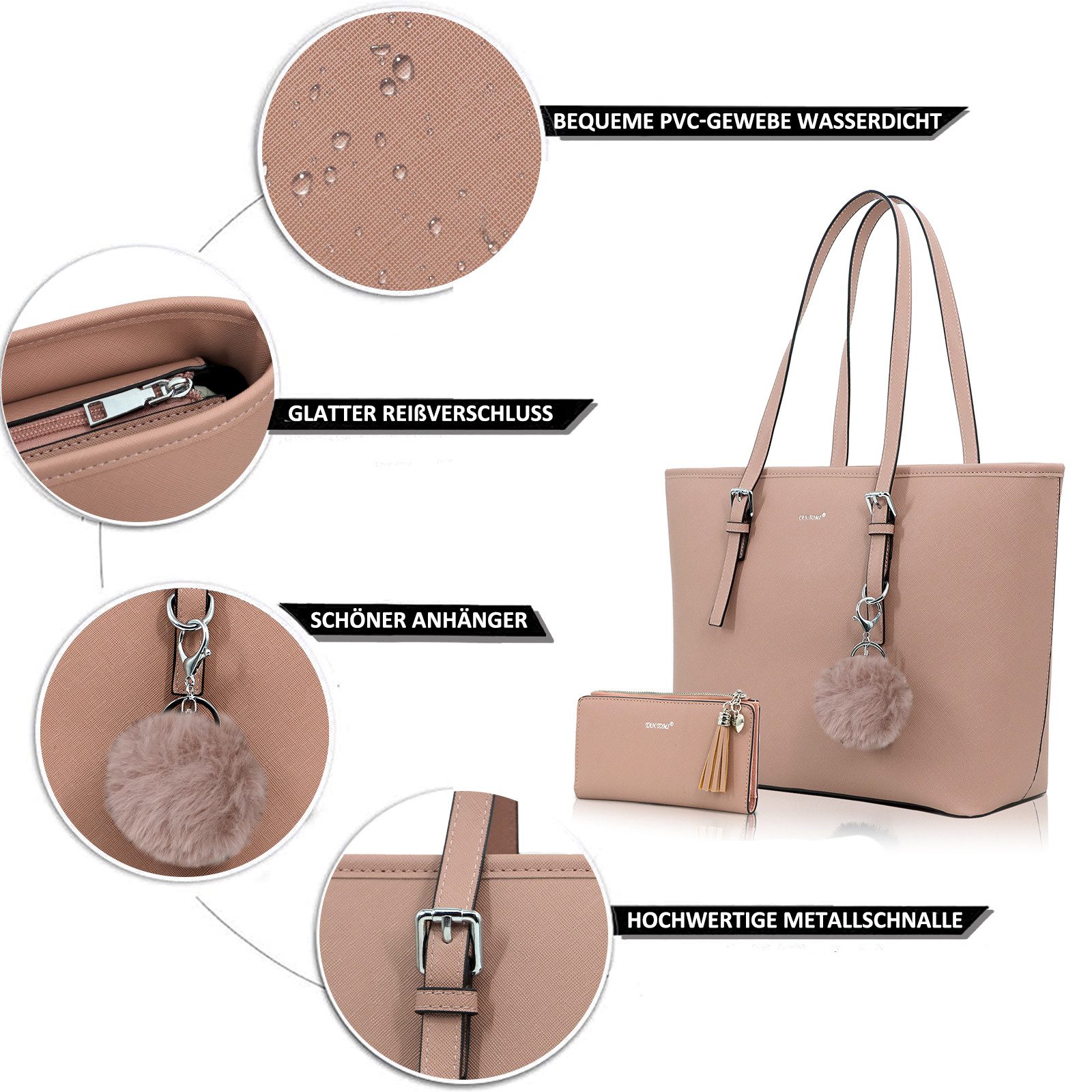 TAN.TOMI Shopper Handtasche Damen mit Geldbörse und Schlüsselanhänger, Groß Damen Handtasche, ​Geschenke für Frauen in schlichter Optik